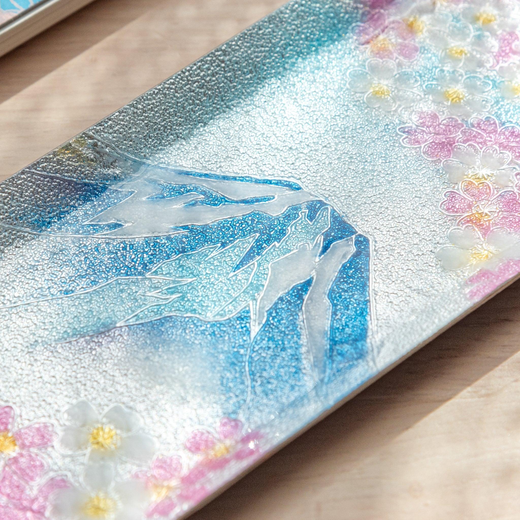 Medium shippo pen tray displaying sakura cherry blossoms and Mount Fuji in vibrant multi-colored cloisonne shown
