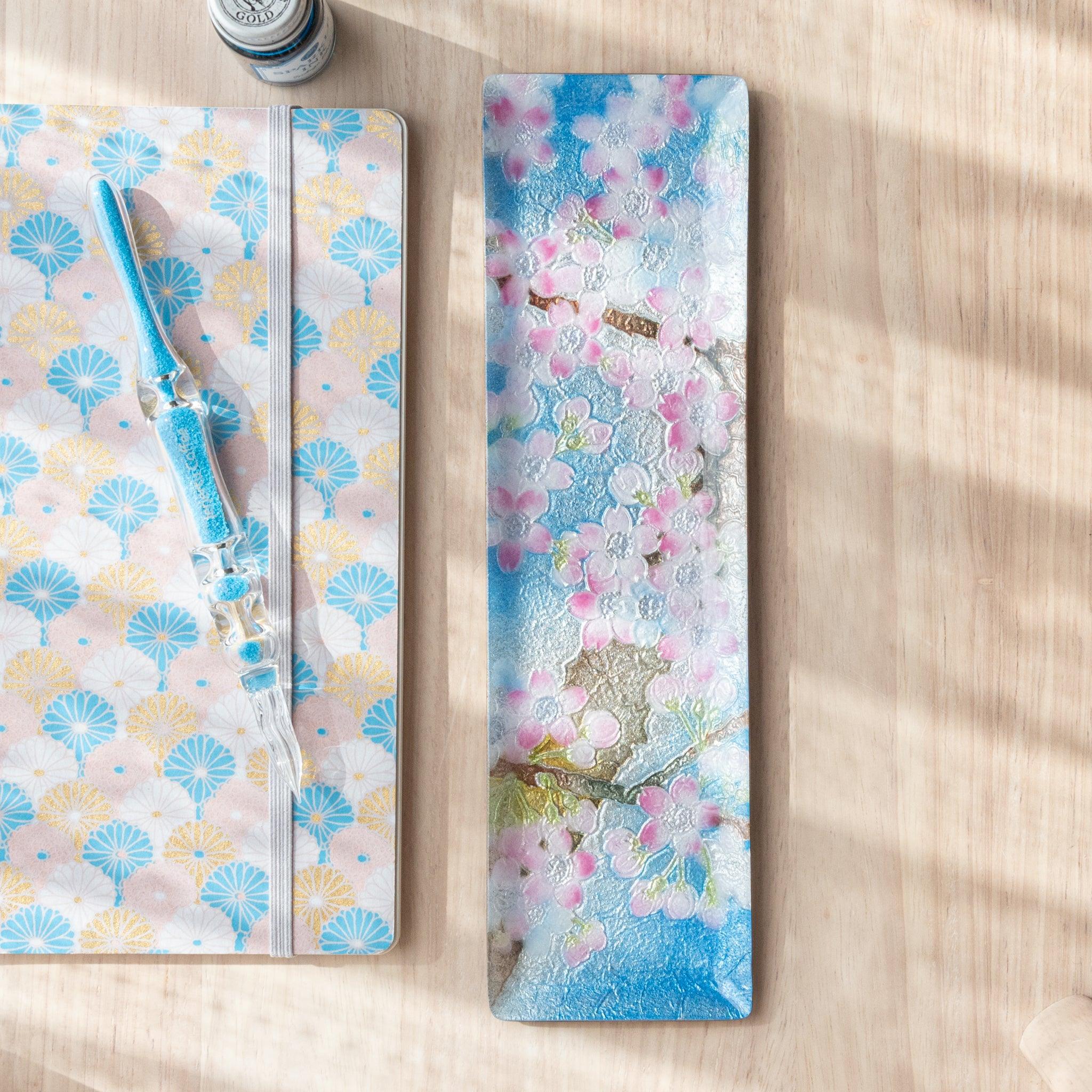 Sakura Shippo Ware Medium Pen Tray with pink and white cherry blossoms on gold-toned cloisonné rectangular brass