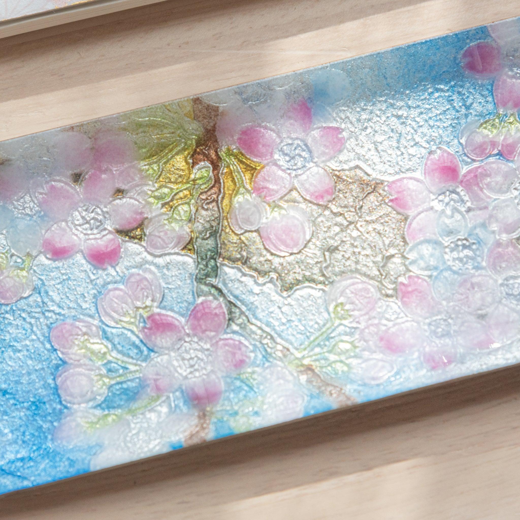 Sakura Shippo Ware Medium Pen Tray displaying traditional sakura branch design with pink-toned enamel on brass base