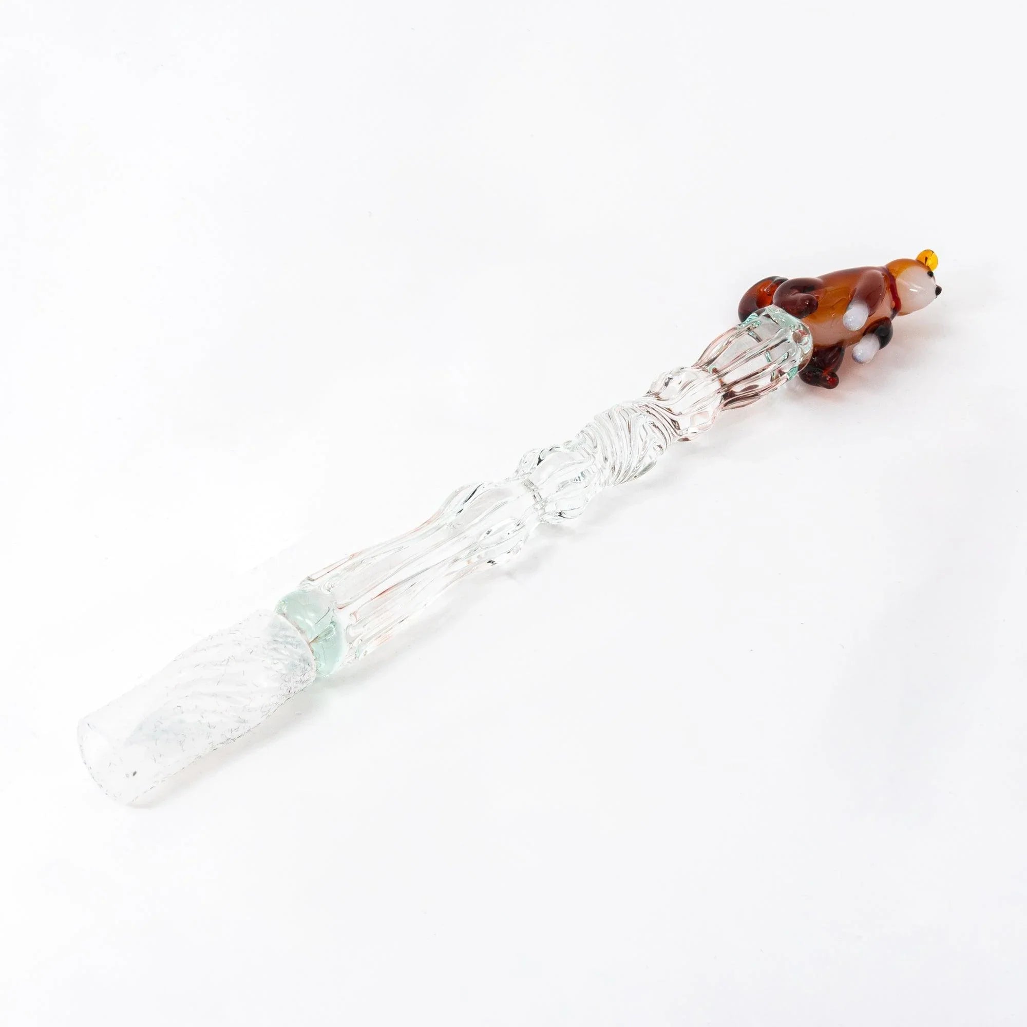 Japanese glass dip pen featuring ceramic Shiba Inu dog topper on clear ribbed textured glass barrel composition