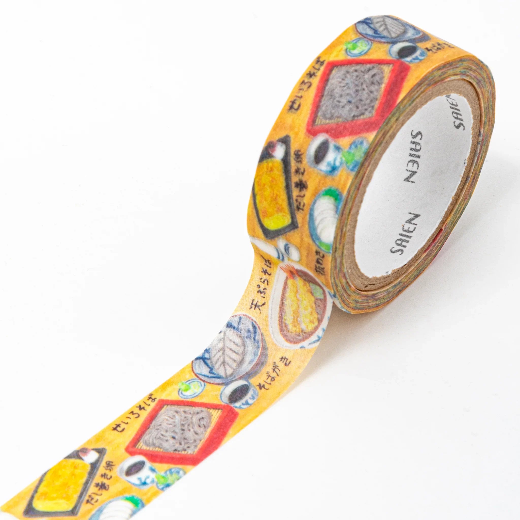 Soba Restaurant Iyo Washi Tape displaying detailed noodle bowl illustrations with multiple decorative frame patterns