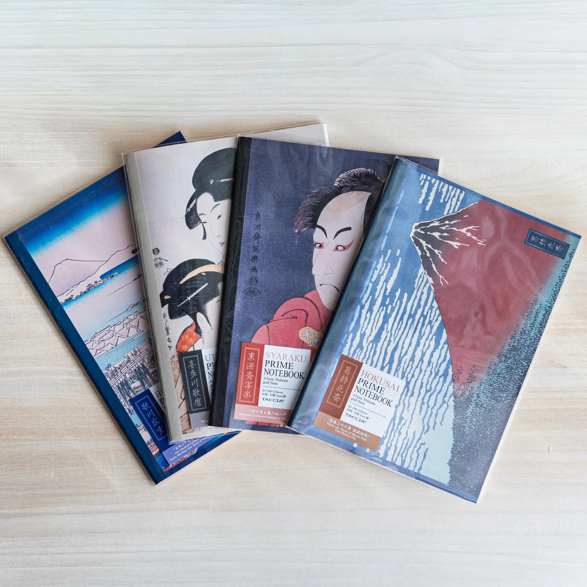 TACCIA Hiroshige Ukiyo-e Notebook, lifestyle arrangement showing use providing full visual representation and product details