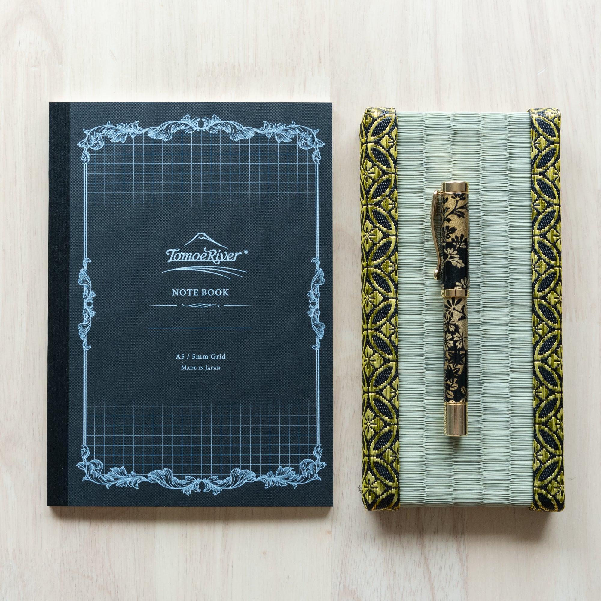 Tomoe River FP A5 soft cover notebook, close-up of cover material and flexible binding finish quality
