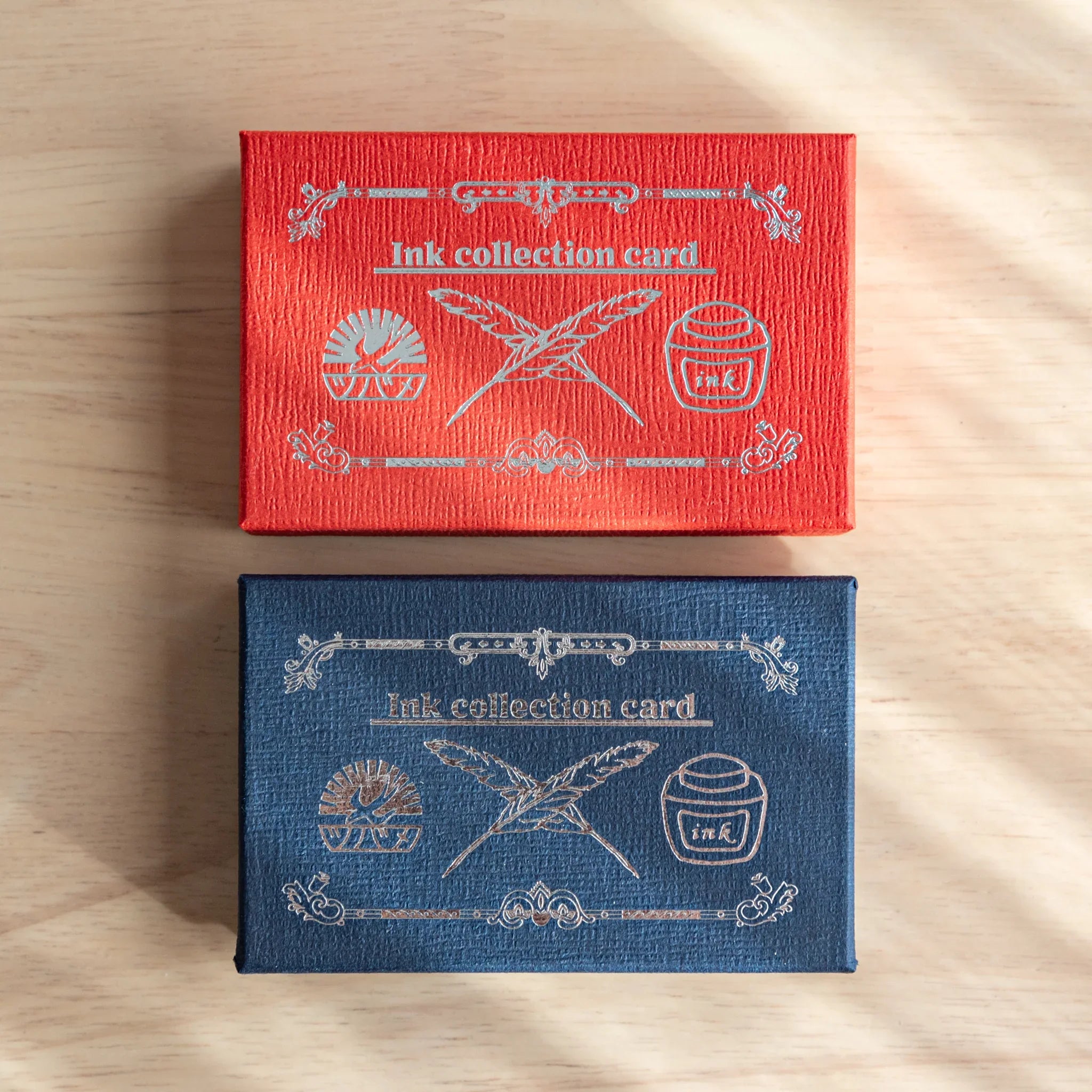 Tsubame Fools red and blue Japanese fountain pen ink collection reference cards with swatches included