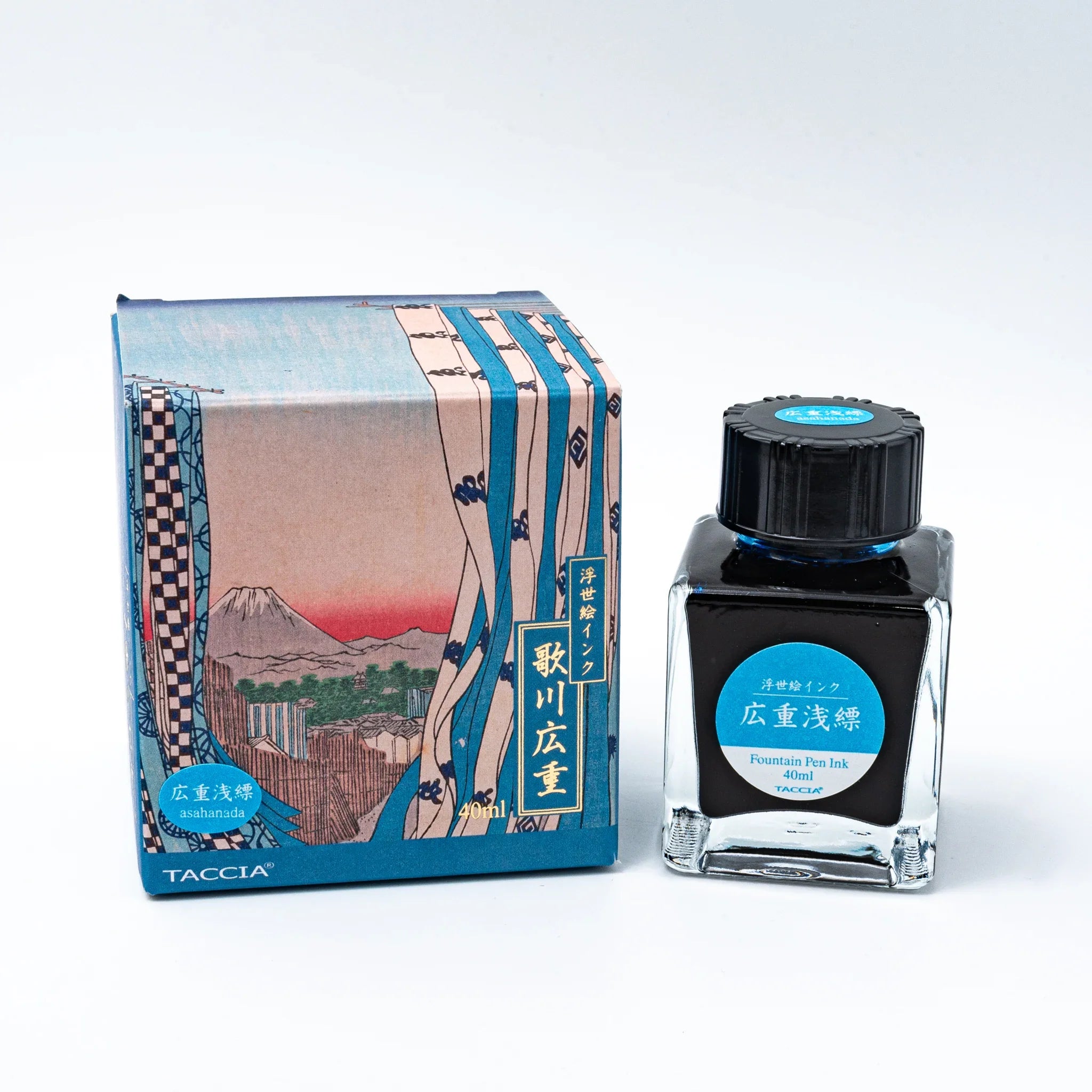 TACCIA Hiroshige Asahanada pale light blue ink set with decorative box and gold label on white background detail
