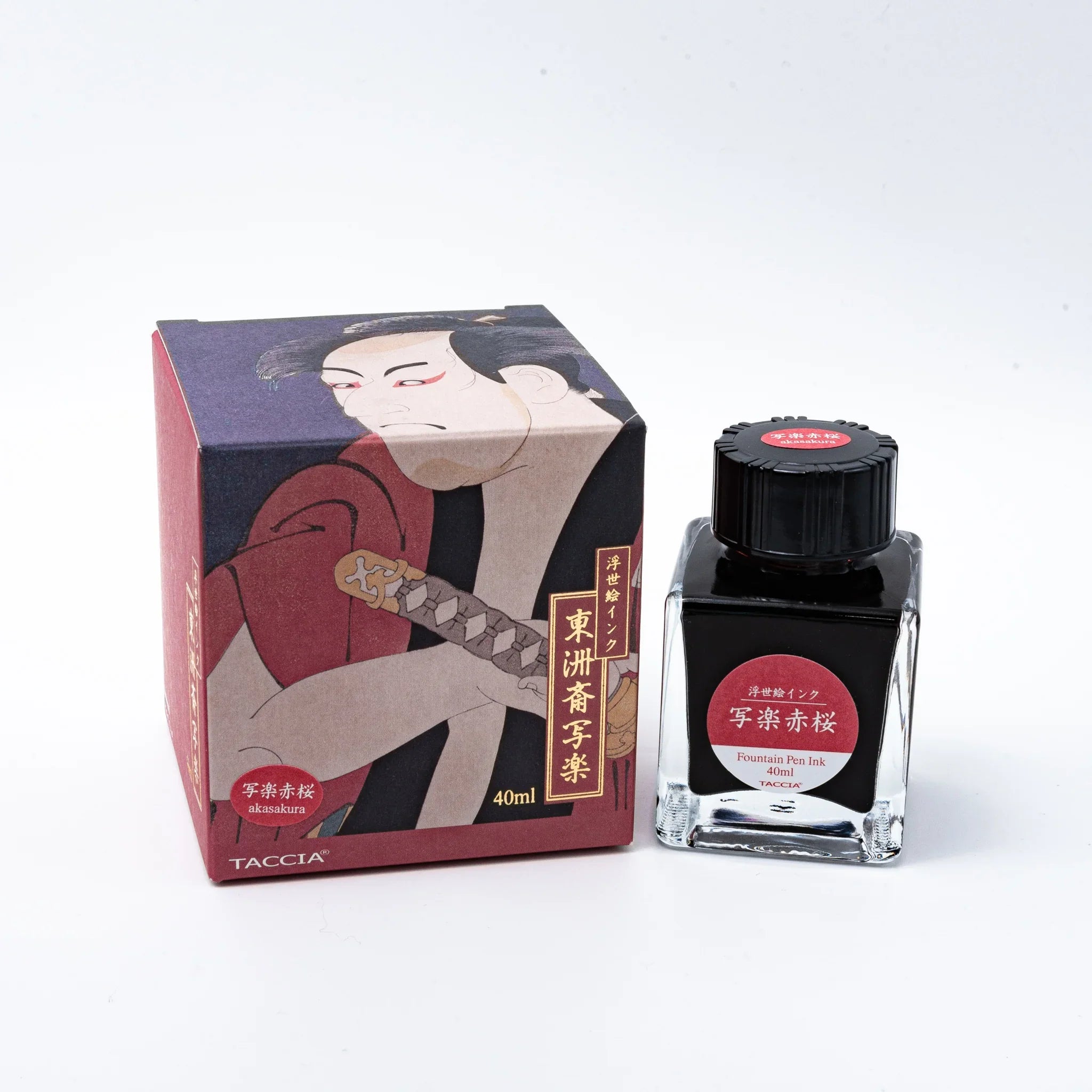 TACCIA Sharaku Akasakura red fountain pen ink box with cherry blossom woodblock design and gold accents with nib