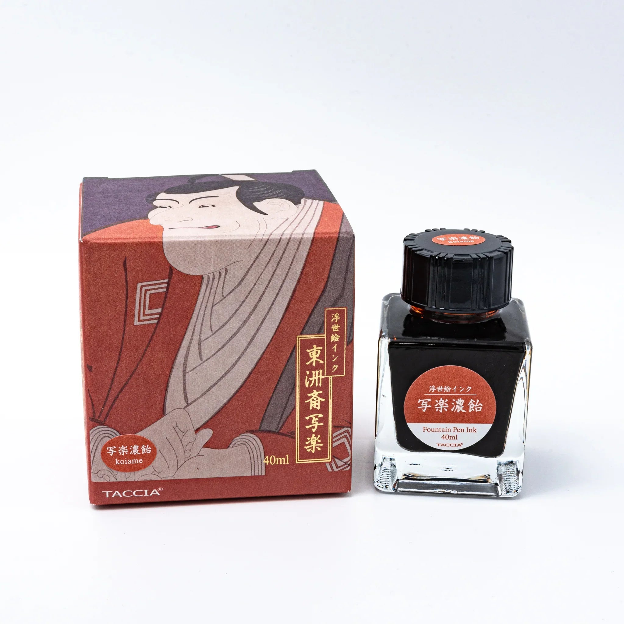 TACCIA Sharaku Koiame dark blue-grey fountain pen ink bottle with traditional kabuki portrait design on box nib