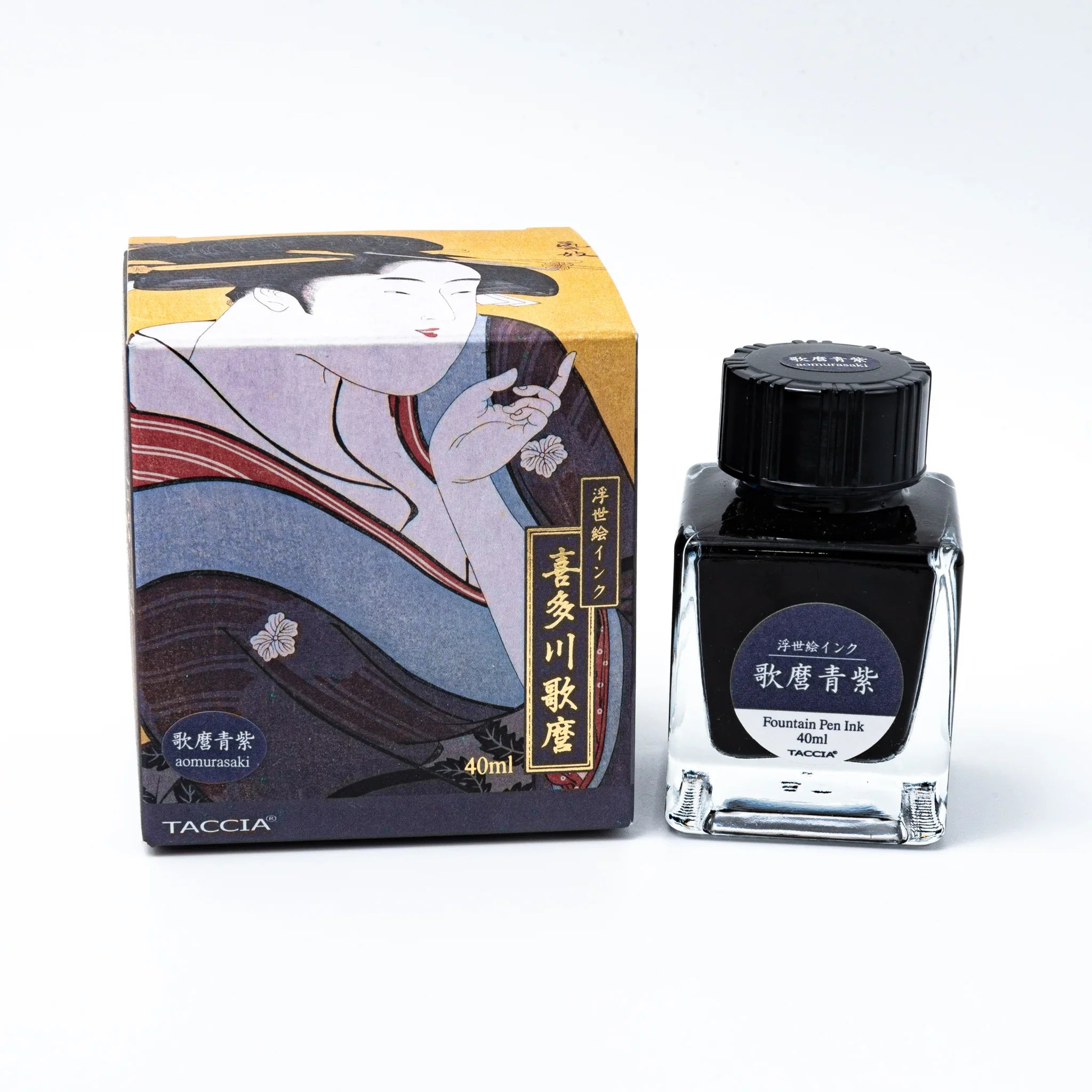 TACCIA Utamaro-aomurasaki blue-purple fountain pen ink box and bottle together grouped on white display surface