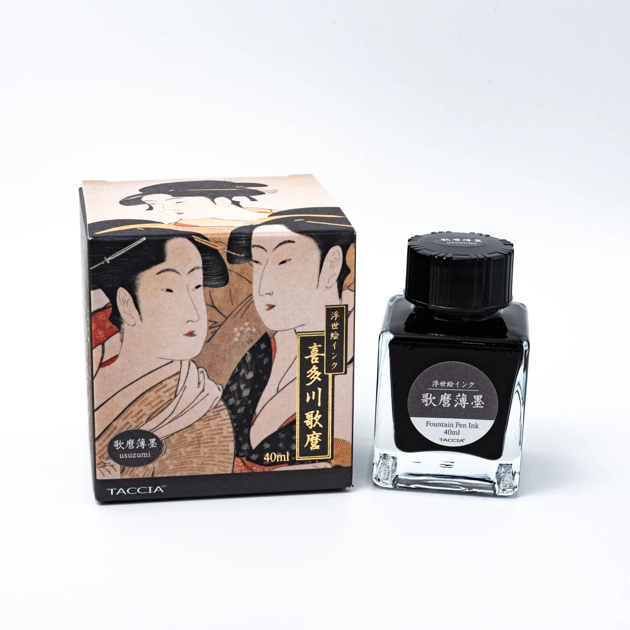 TACCIA Utamaro-usuzumi pale grey fountain pen ink box and bottle displayed together on white background surface