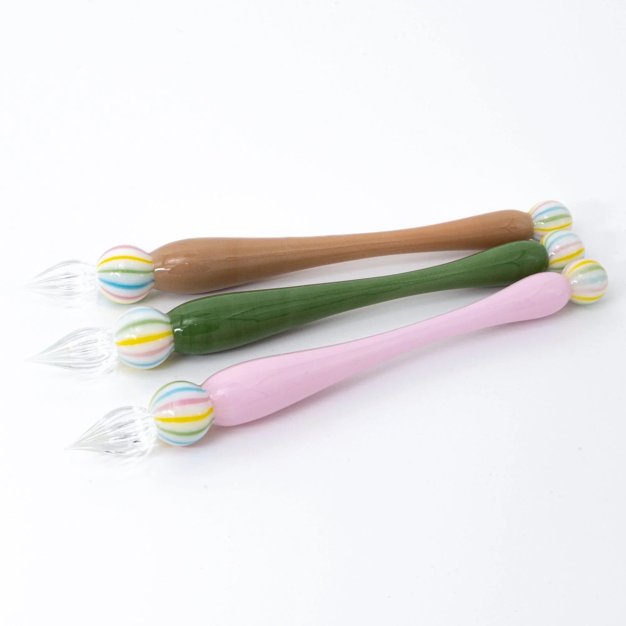 Wagashi Monaka glass dip pen set with three handles in brown, tan, green, and pink colors arranged display