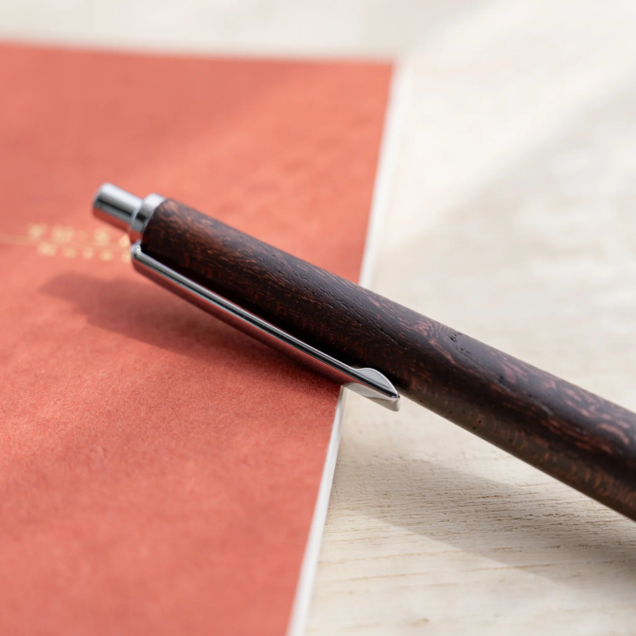 Zelkova wood urushi lacquered mechanical pencil in dark reddish-brown, Japanese keyaki wood, full-body view