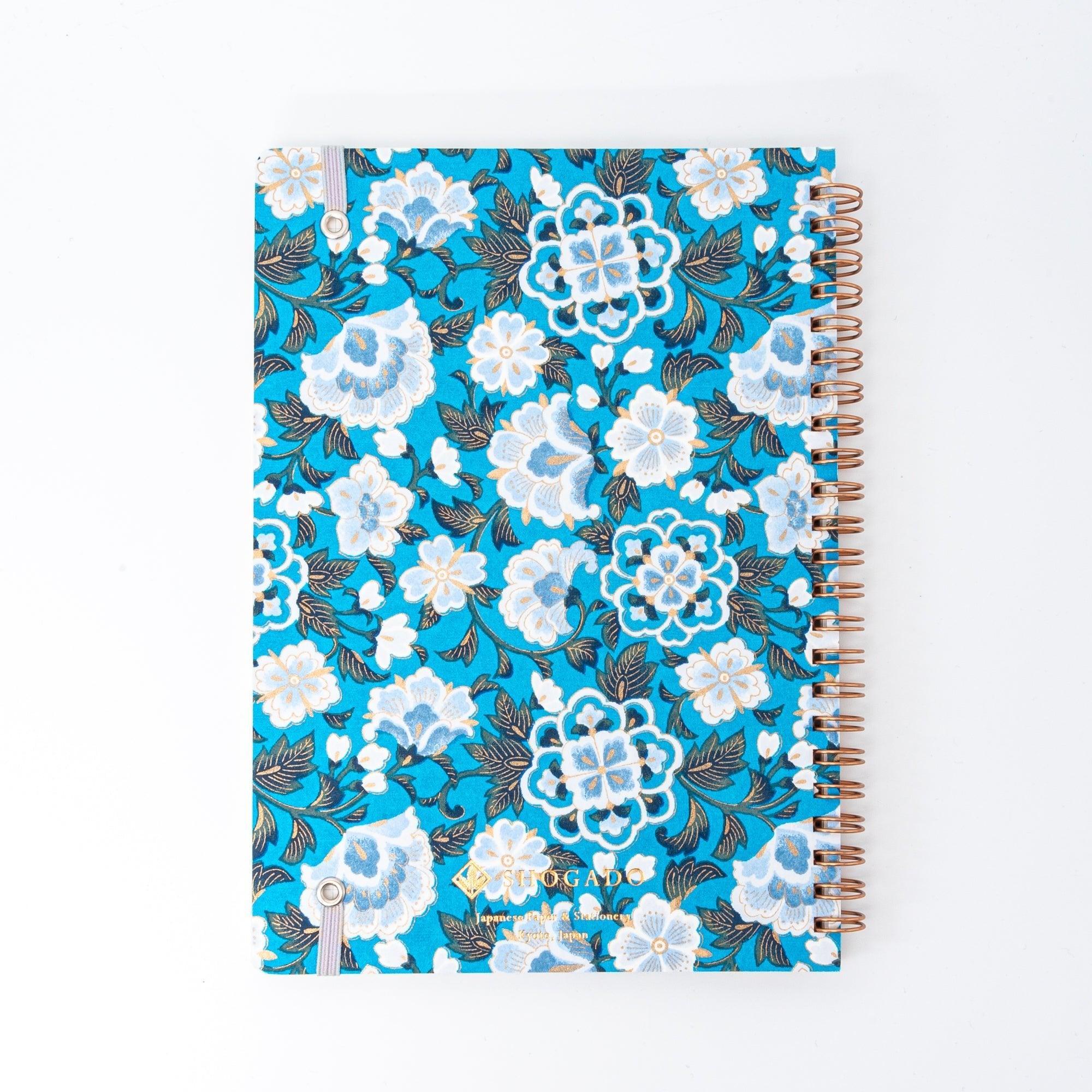 Complete blue garden hand-dyed Yuzen washi spiral notebook set for journaling and note-taking purposes