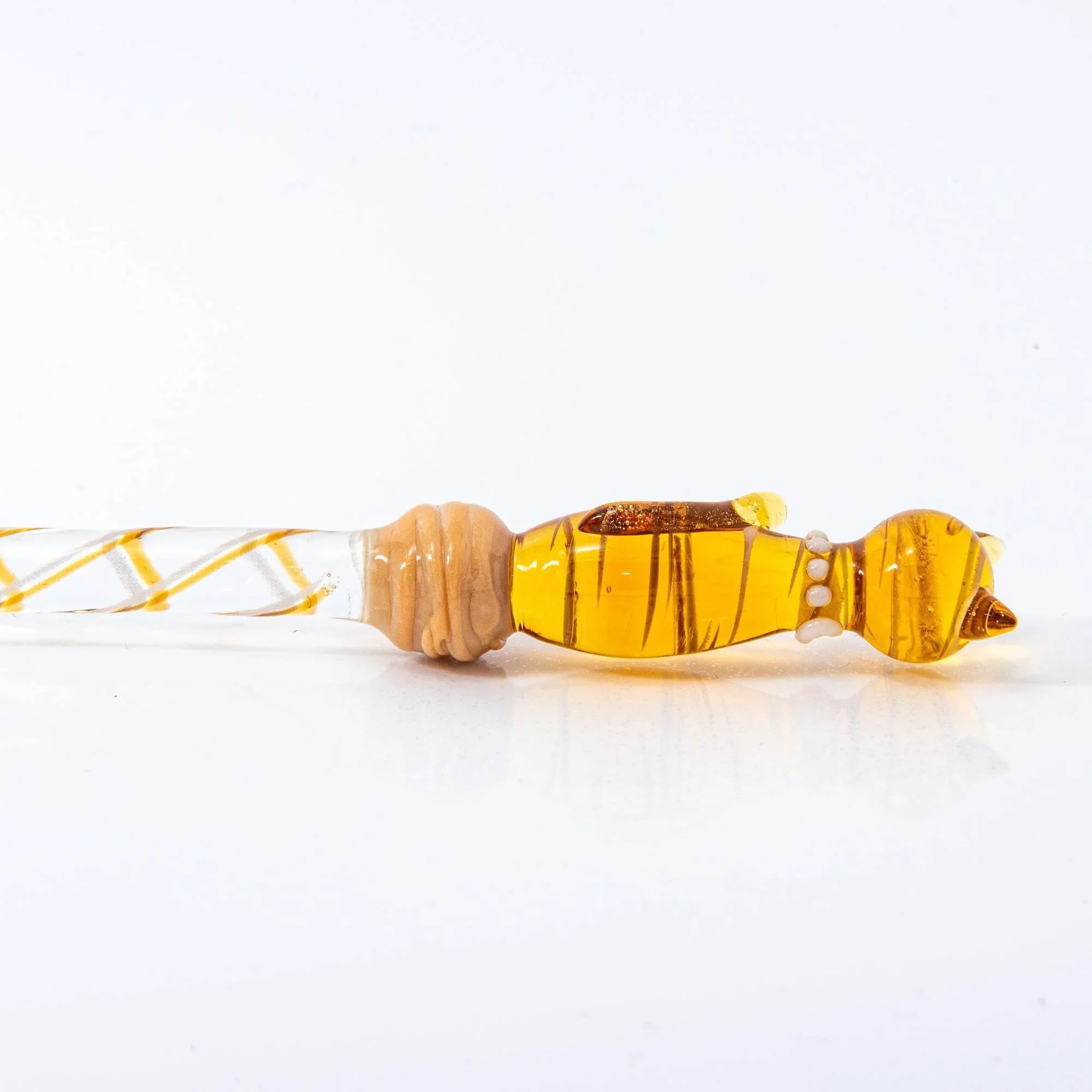Nyanko brown tabby glass dip pen with orange and dark brown striped handle and wooden grip with handle detail and decorative