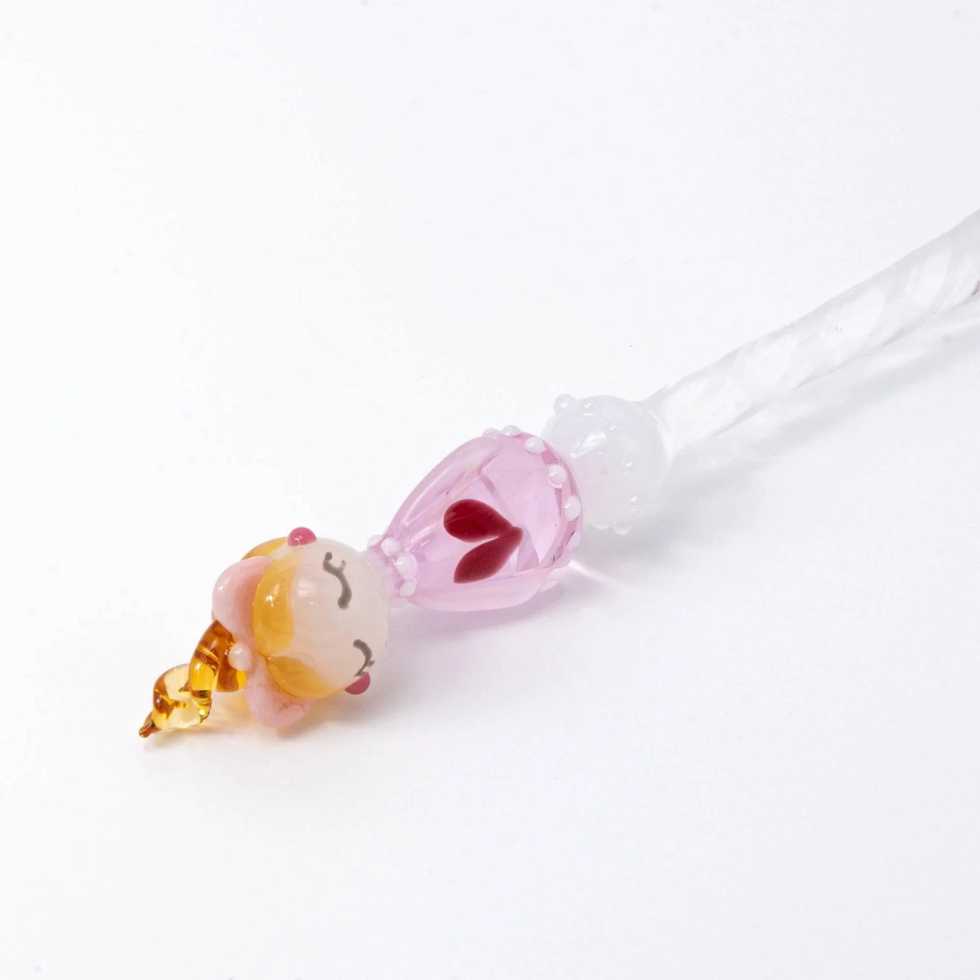 Lovery-Chan heart pattern glass dip pen with pink frosted glass and red heart designs on white background