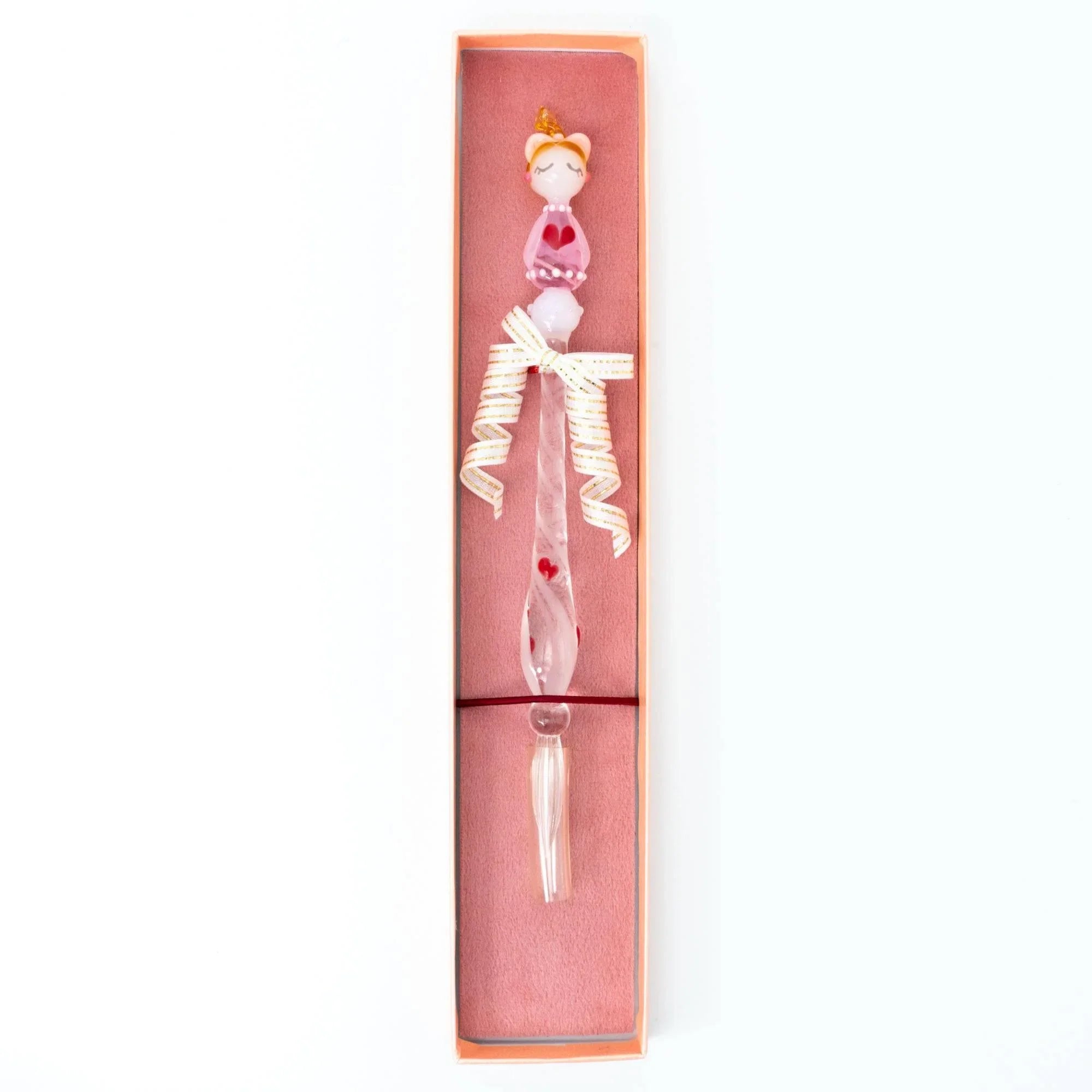 Lovery-Chan glass dip pen featuring blonde character and pink heart-patterned glass barrel with handle detail and decorative
