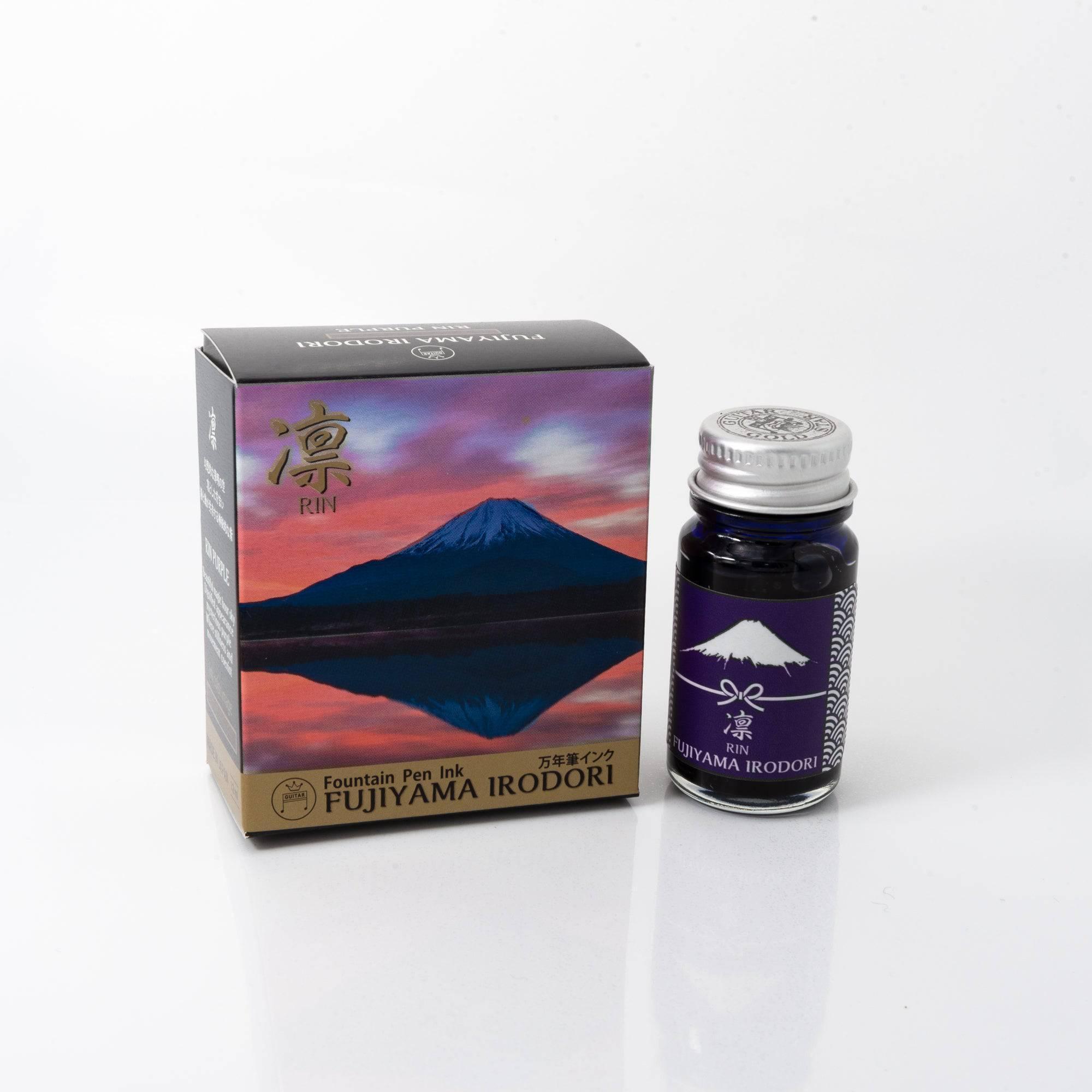 FUJIYAMA IRODORI RIN fountain pen ink bottle with distinctive Japanese naming, displayed beside illustrated packaging