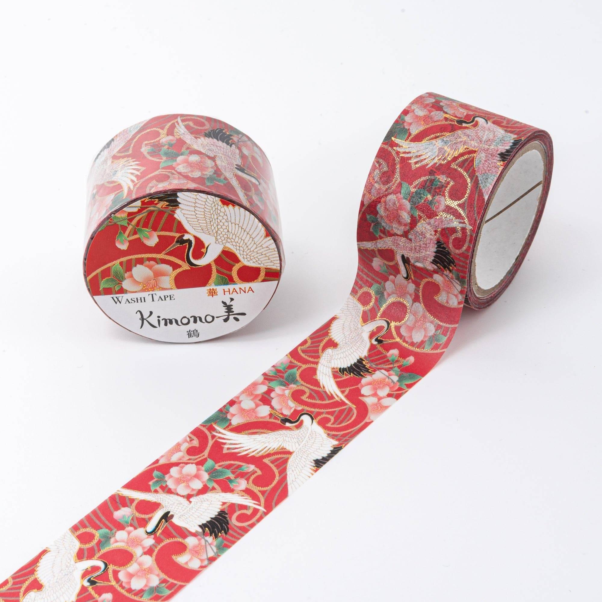 Kimono Beauty Crane Iyo washi tape roll wound on spool with Japanese traditional artistic crane textile pattern