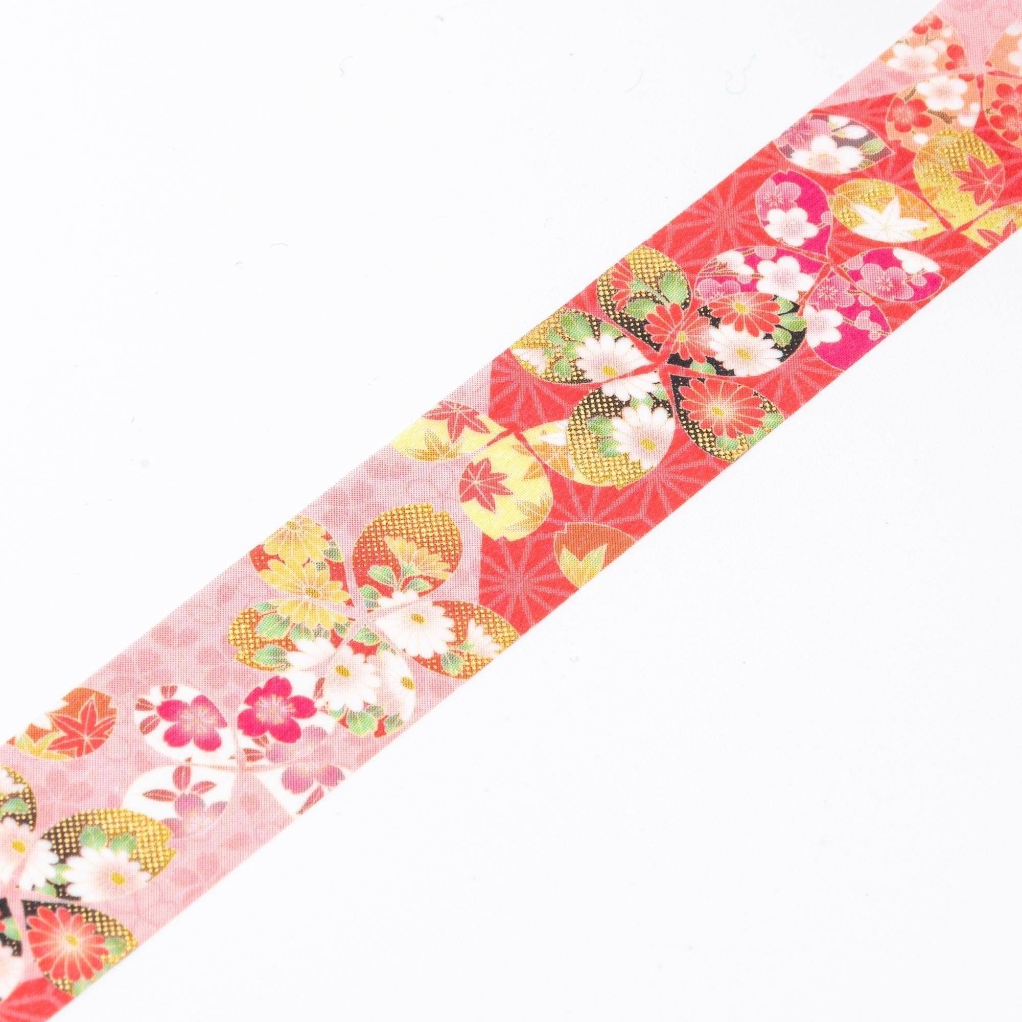 Kimono Beauty Four Seasons Flowers iyo washi tape with colorful seasonal blooms in red, pink, gold on light background