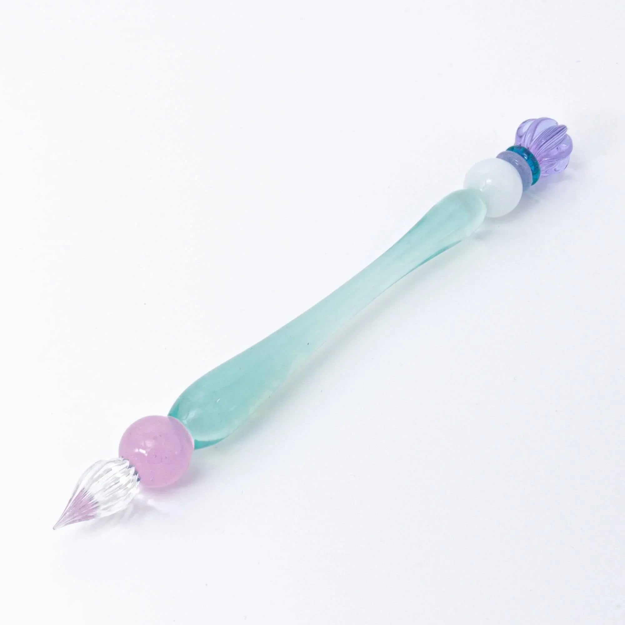 King's Scepter Candy glass dip pen diagonal showing pink bead nib turquoise handle white bead purple top