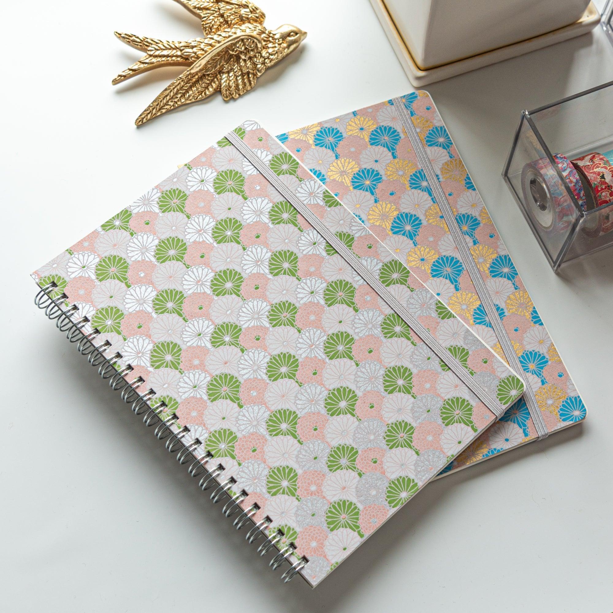 Lavender mist pastel chrysanthemum hand-dyed Yuzen washi spiral notebook A5 with cover featuring traditional Japanese design