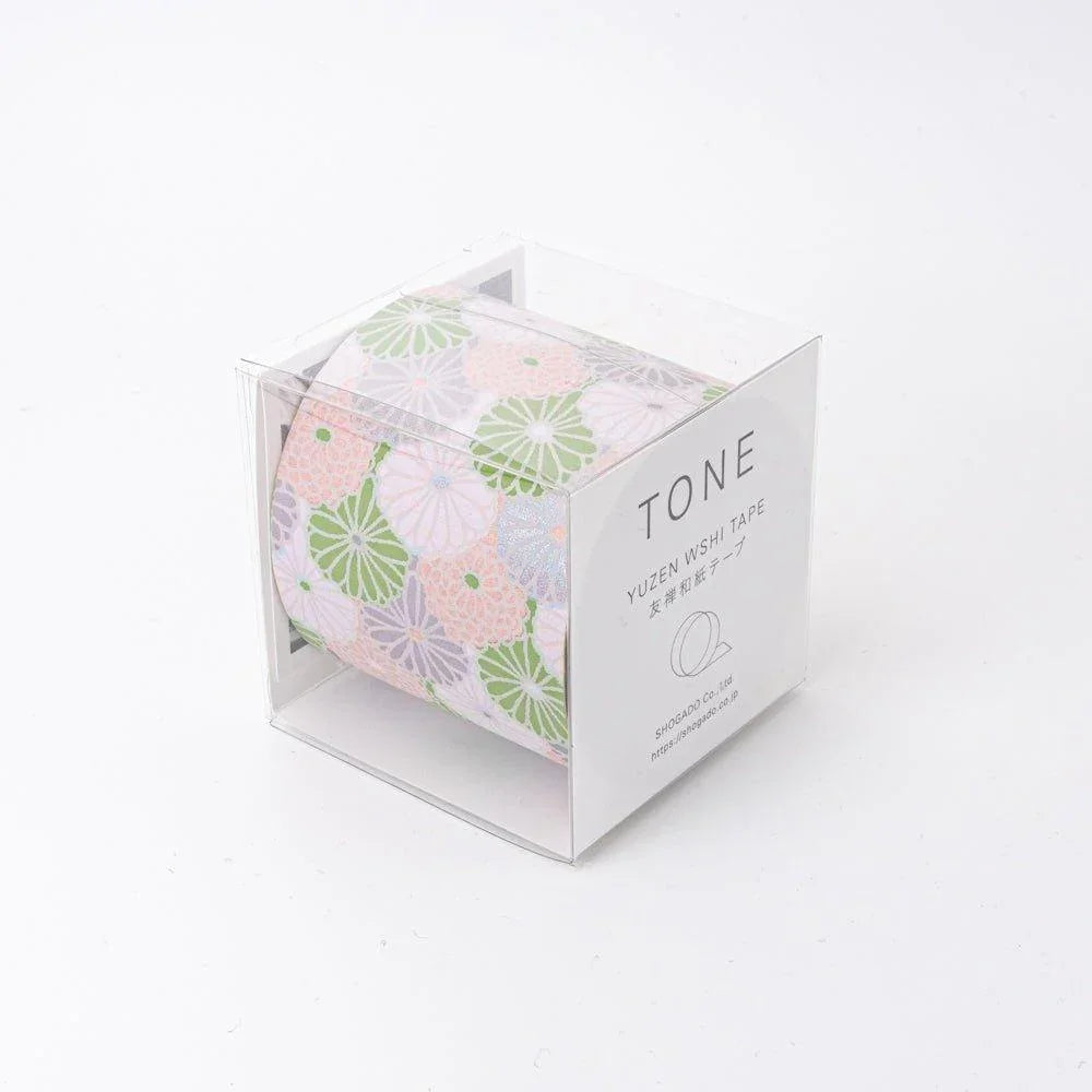 Japanese hand-dyed yuzen washi tape in clear acrylic TONE box, pastel chrysanthemum in green, pink, and lavender