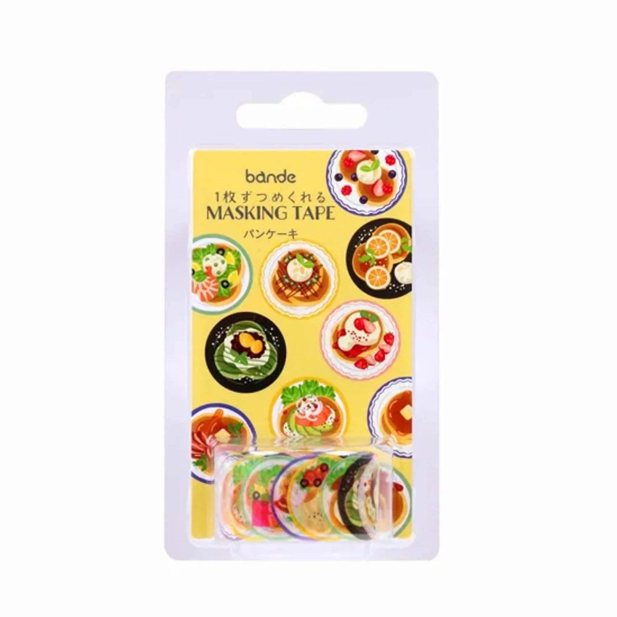 Pancake Bande masking tape detail showing sweet-themed pre-cut stickers on self-adhesive tape roll design
