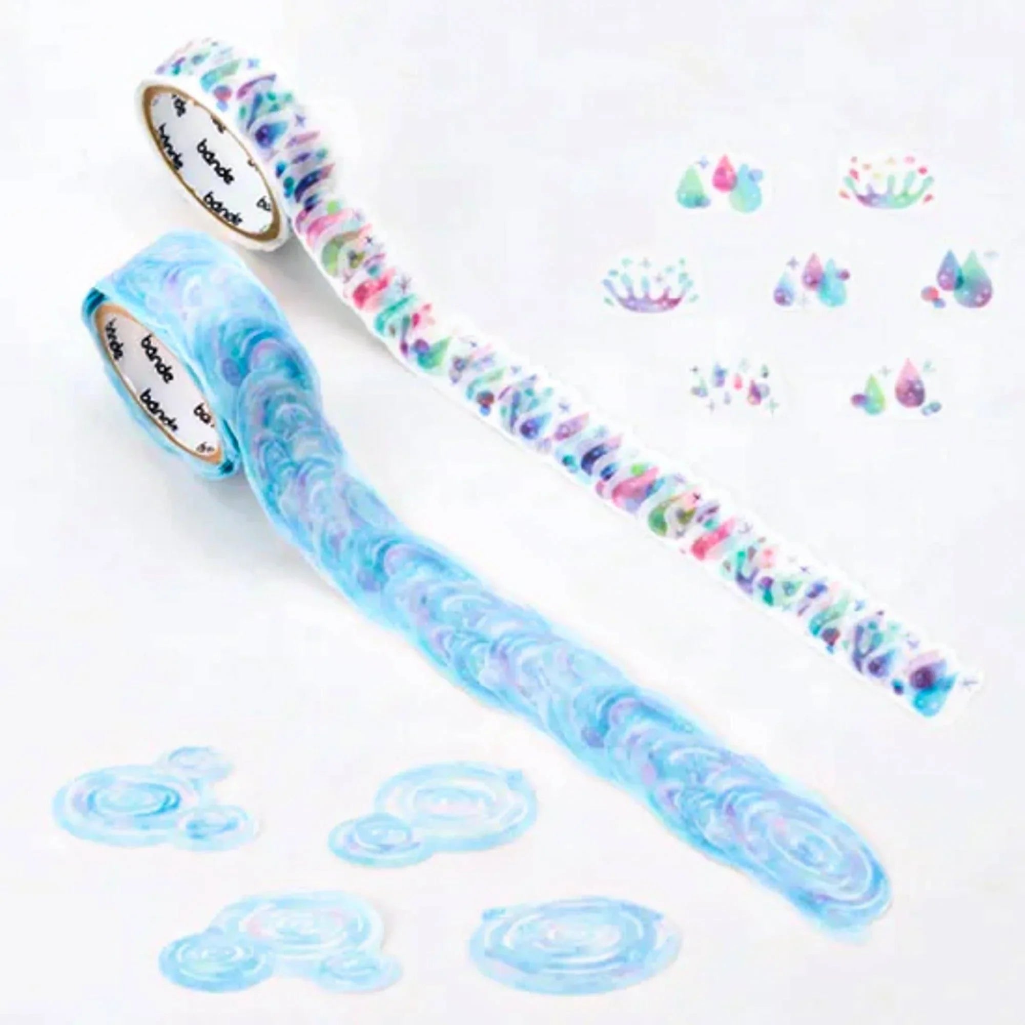 Bande Rainbow Rain Sounds Two washi tape sticker roll with colorful rainbow and weather pattern designs and pre-cut stickers