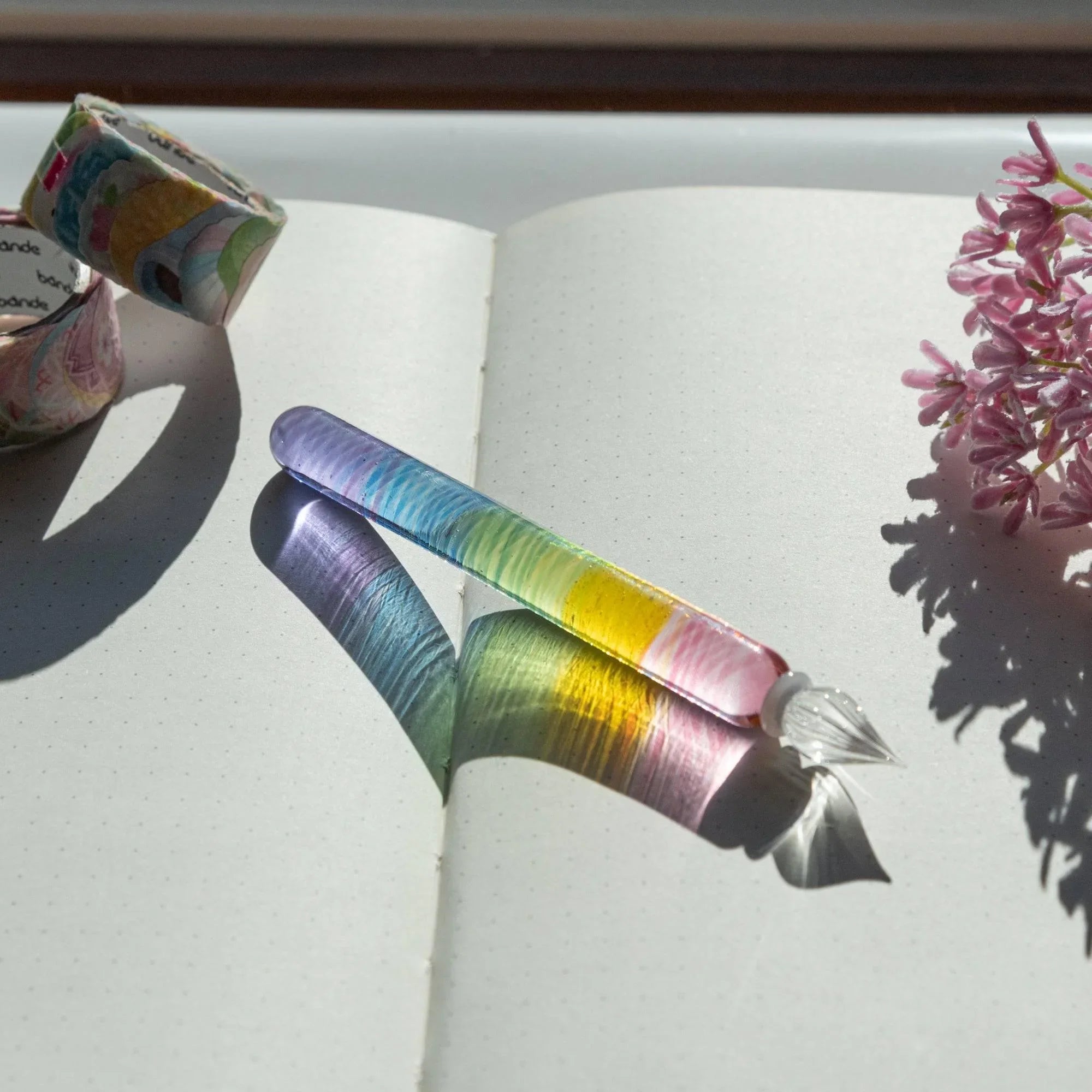 Rainbow Short glass dip pen with vibrant multi-colored bands featuring pink, yellow, blue gradient design