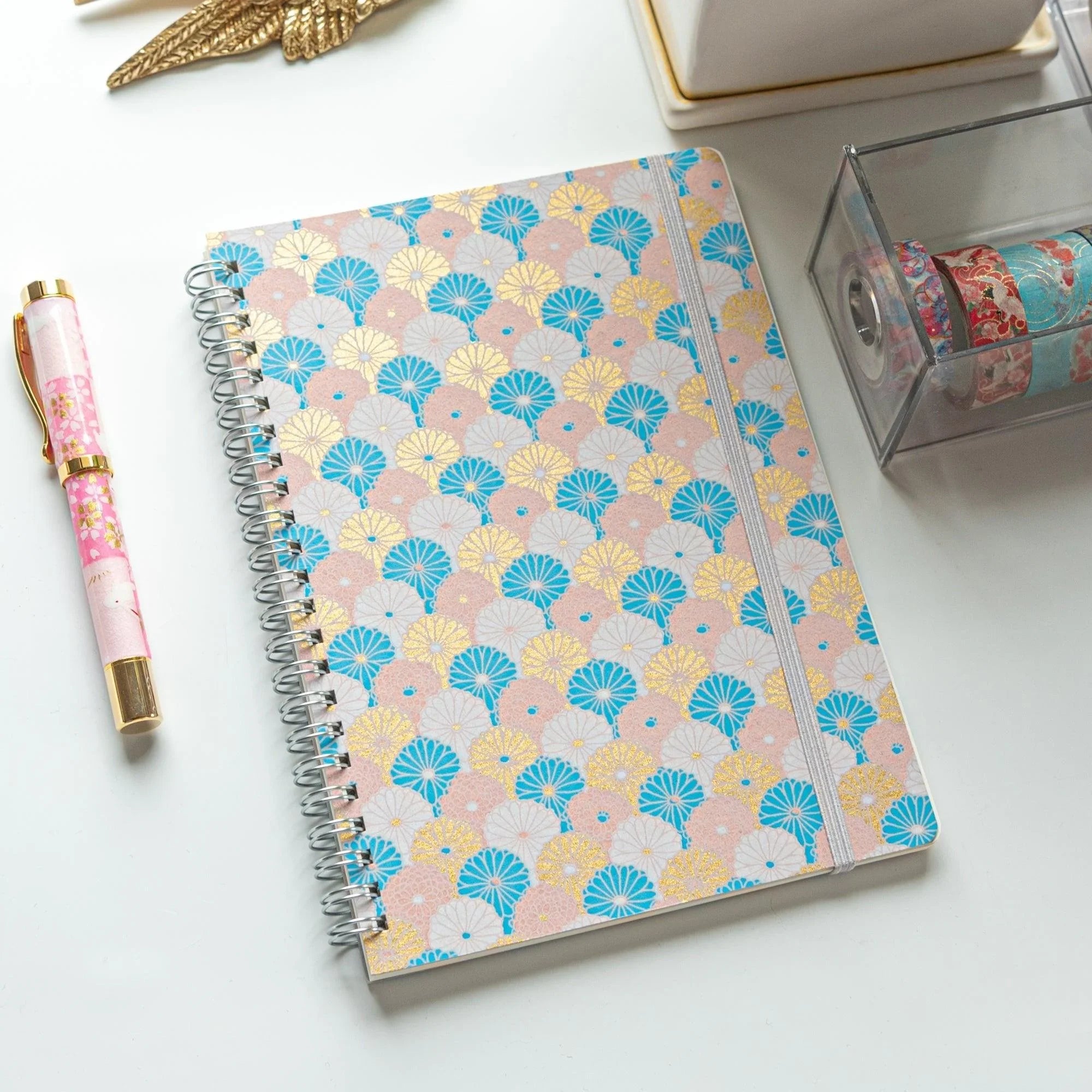 Sky Blossom Pastel Chrysanthemum Hand-Dyed Yuzen Washi Spiral Notebook (A5), front view with product styling