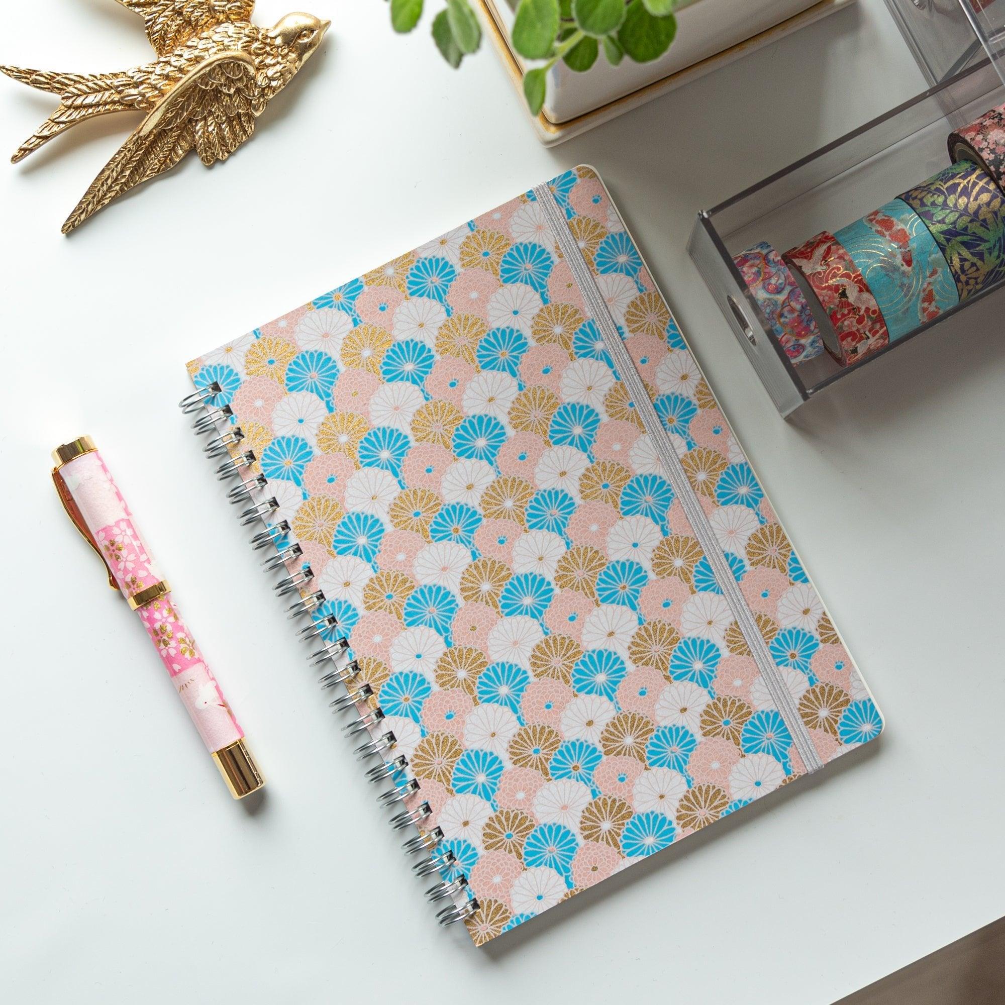 Sky Blossom Pastel Chrysanthemum Hand-Dyed Yuzen Washi Spiral Notebook (A5), angled view showing all sides