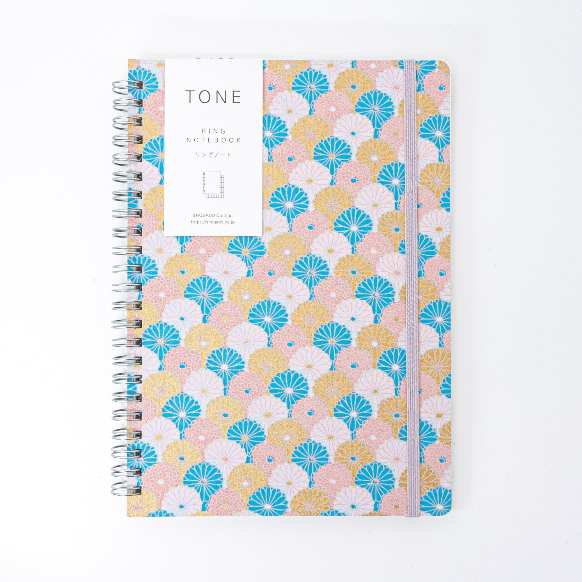 Sky Blossom Pastel Chrysanthemum Hand-Dyed Yuzen Washi Spiral Notebook (A5), top-down perspective with detail