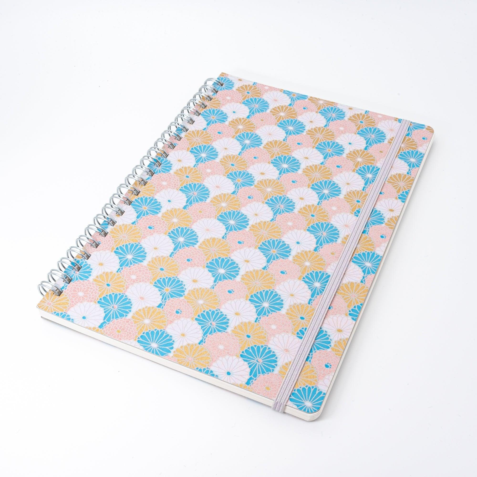 Sky Blossom Pastel Chrysanthemum Hand-Dyed Yuzen Washi Spiral Notebook (A5), front-facing angle showing finish