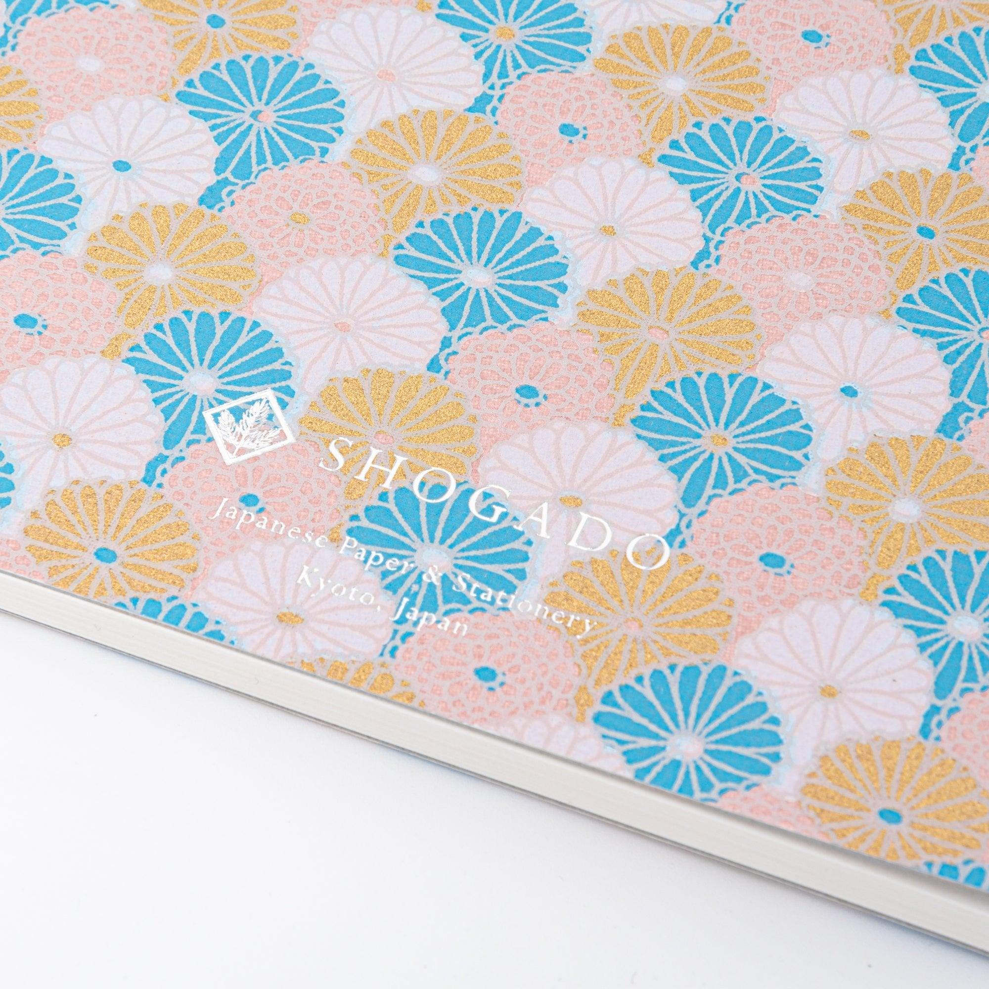 Sky Blossom Pastel Chrysanthemum Hand-Dyed Yuzen Washi Spiral Notebook (A5), three-quarter angle of product