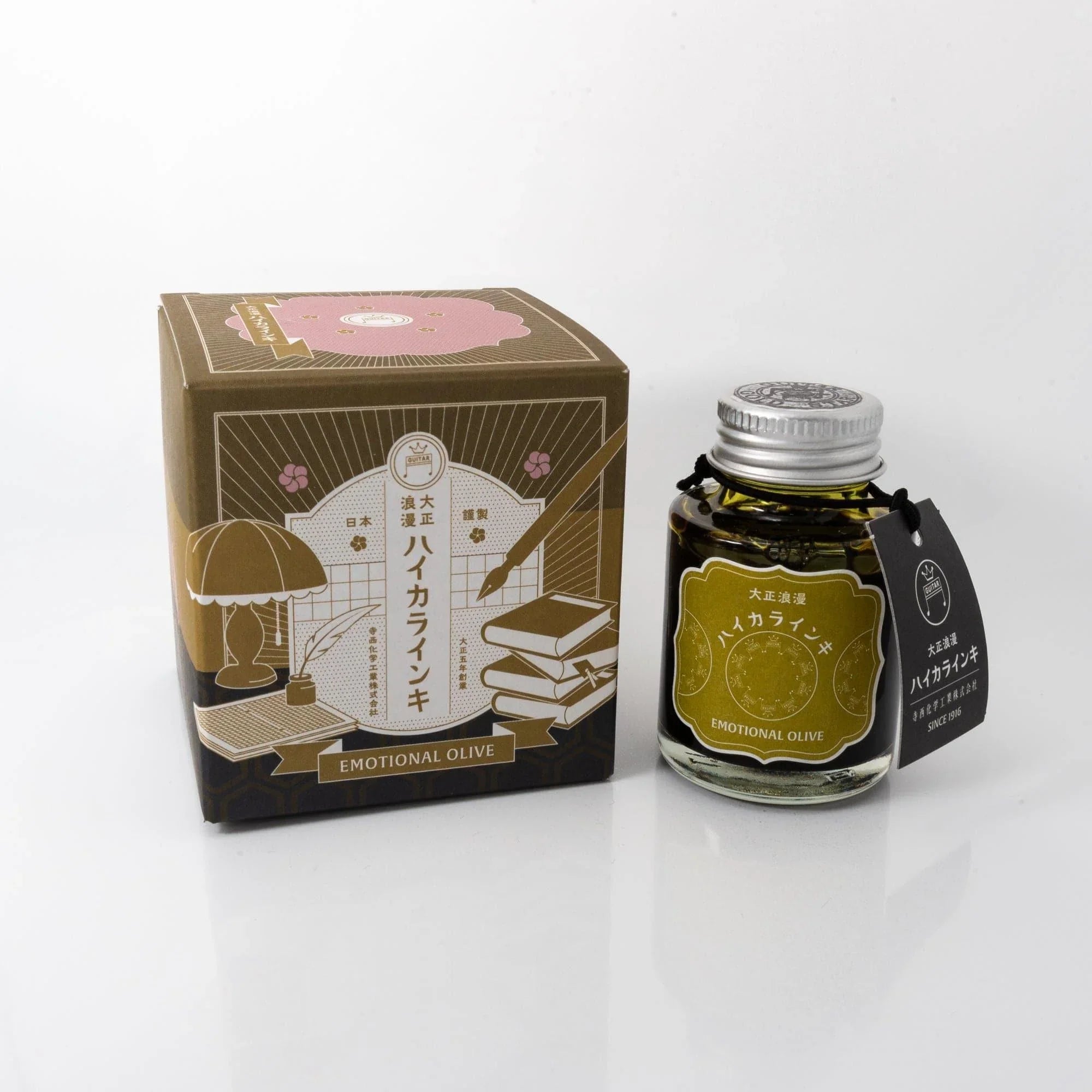 Taisho Romance Emotional Olive fountain pen ink in glass bottle displayed frontally fresh, from Japan, Japanese ink brand