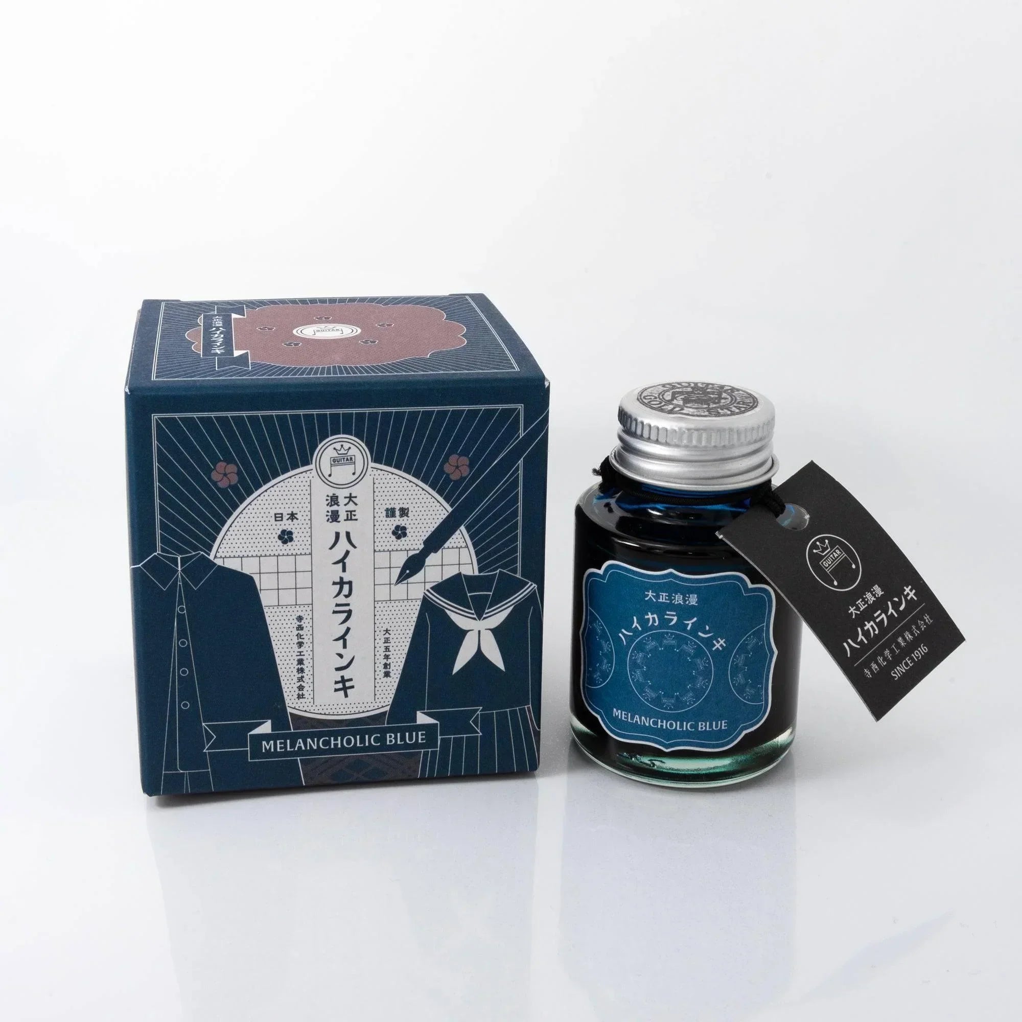 Taisho Romance Melancholic Blue fountain pen ink 50ml glass bottle in professional product photography display