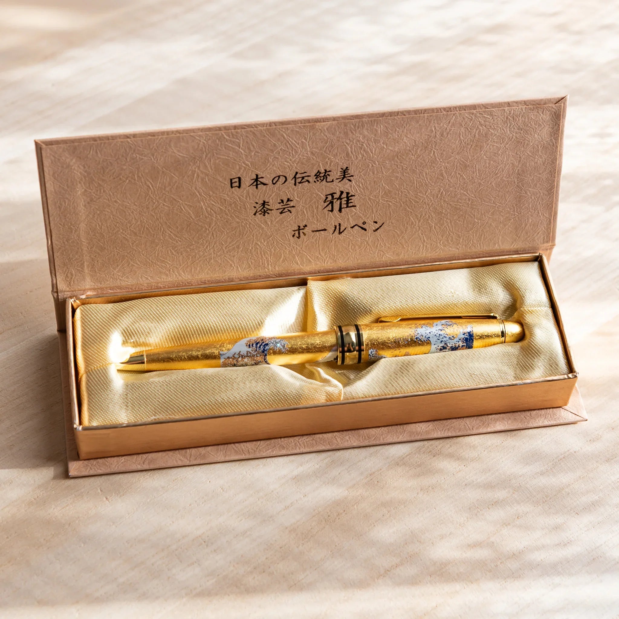 Gold Leaf Hokusai pen in professional product display showing full decorative pattern displayed clearly