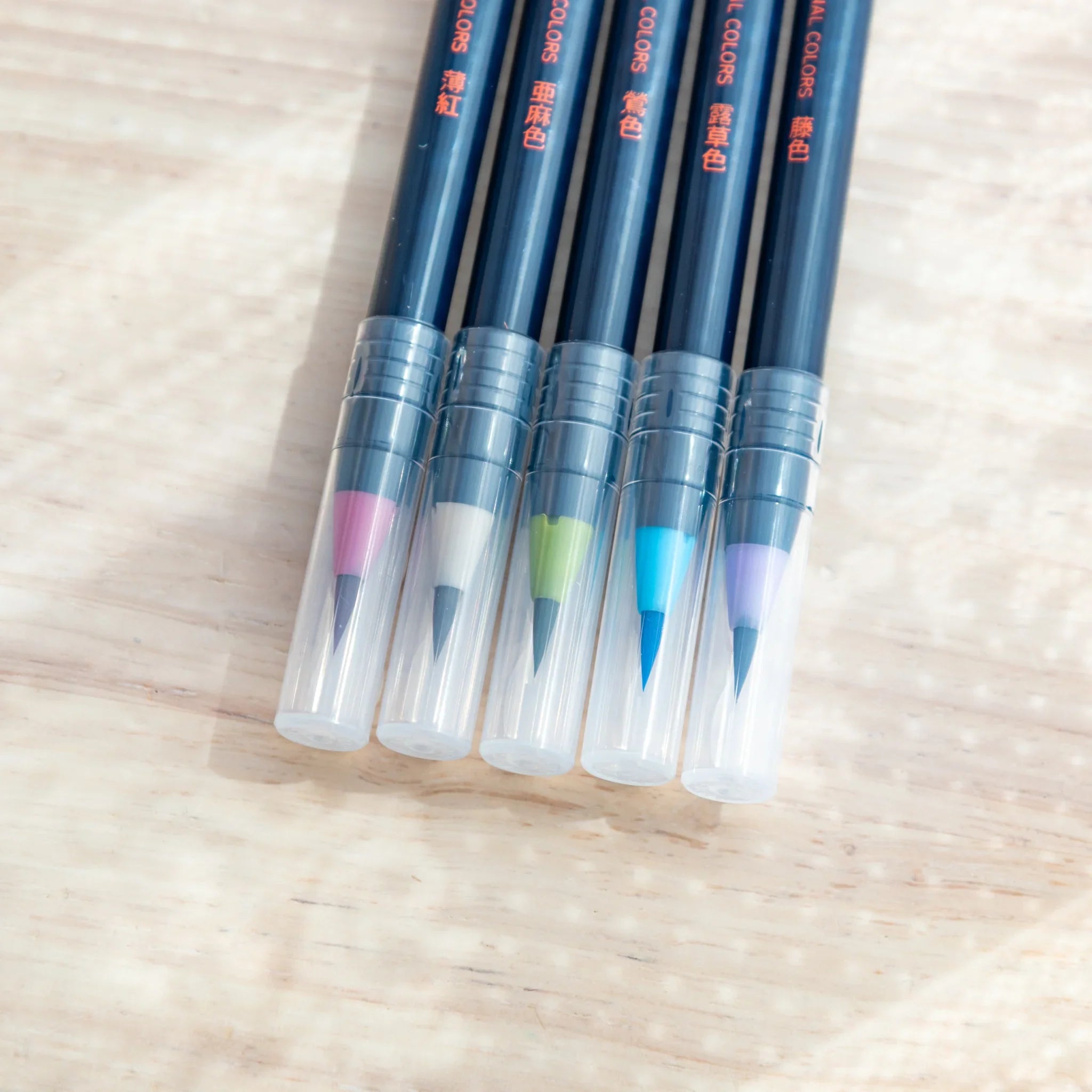Individual brush pen with flexible water-based bristle tip designed for subtle muted-tone watercolor art