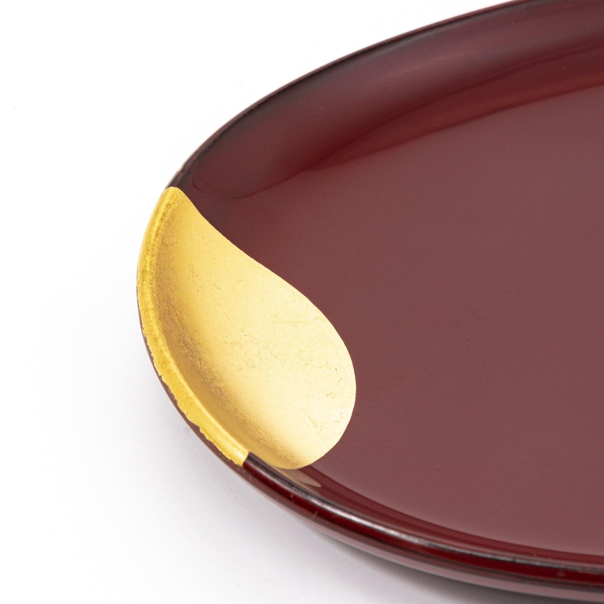 Traditional Echizen lacquer pen tray depicts ancient sun and moon in red and gold finish tones, refined for organizing wri