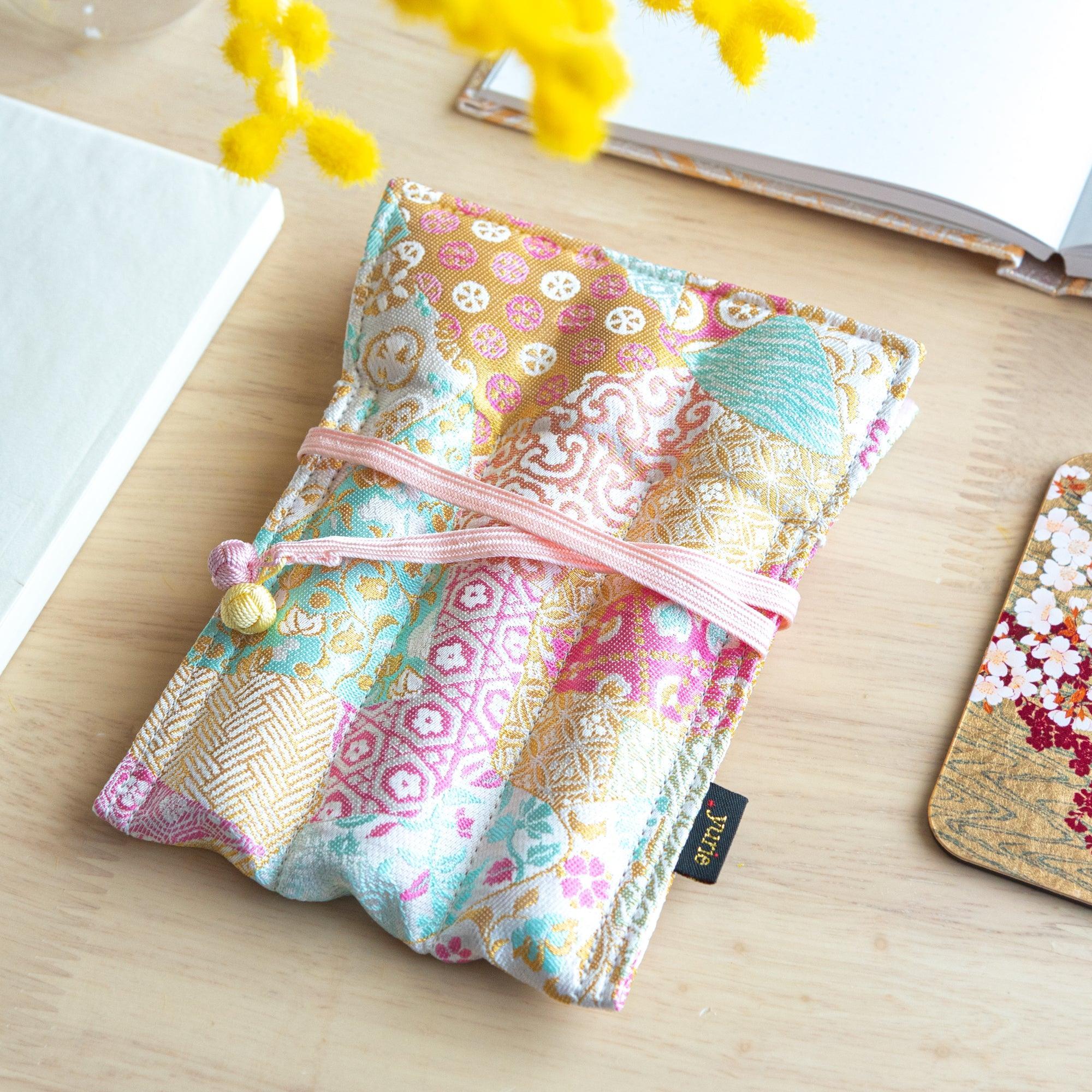 Blooming Patchwork Nishijin Silk Fountain Pen Case - Triple Slot - yurie, angled view showing all sides