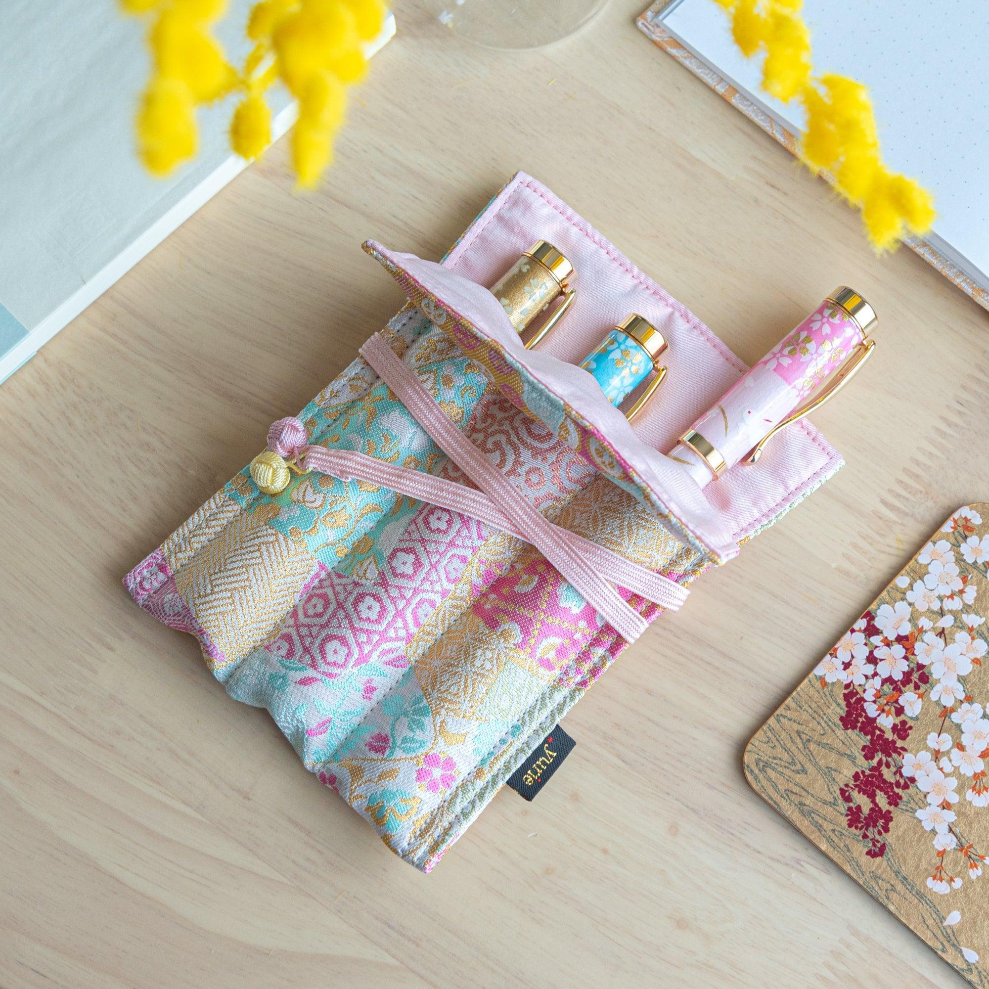 Blooming Patchwork Nishijin Silk Fountain Pen Case - Triple Slot - yurie, top-down perspective with detail