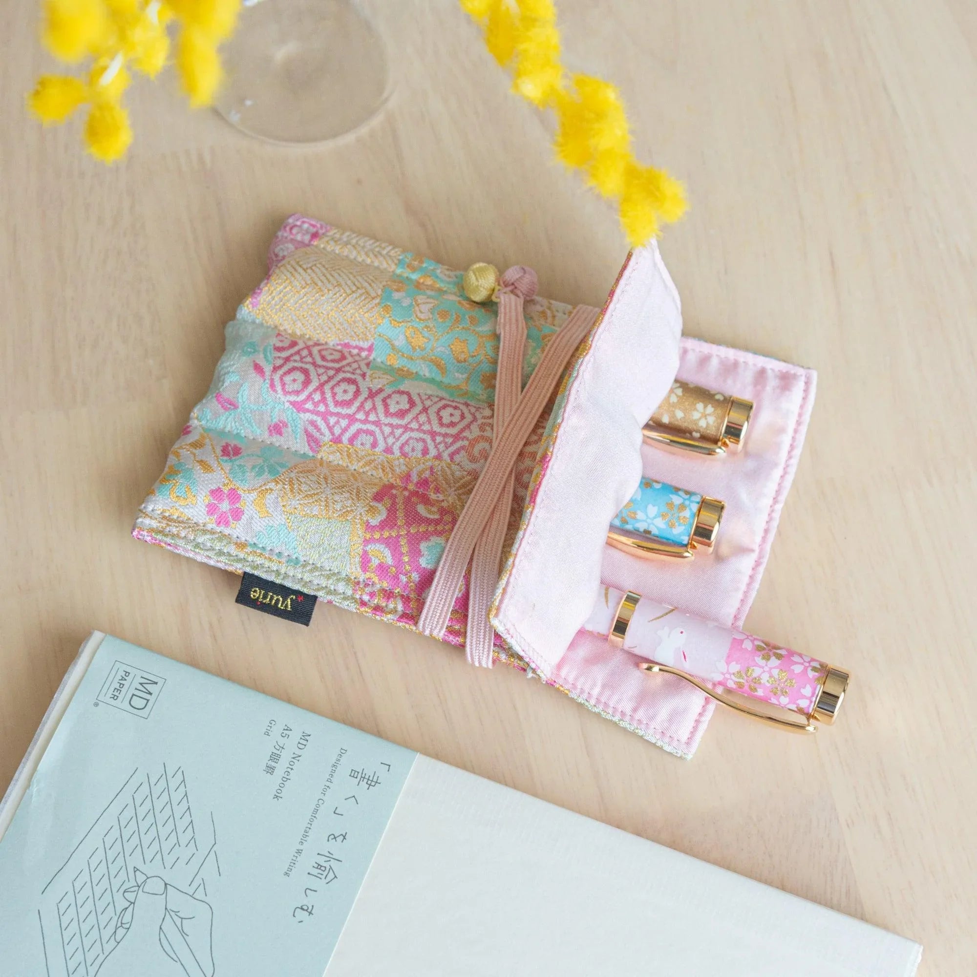 Blooming Patchwork Nishijin Silk Fountain Pen Case - Triple Slot - yurie, side profile view of product