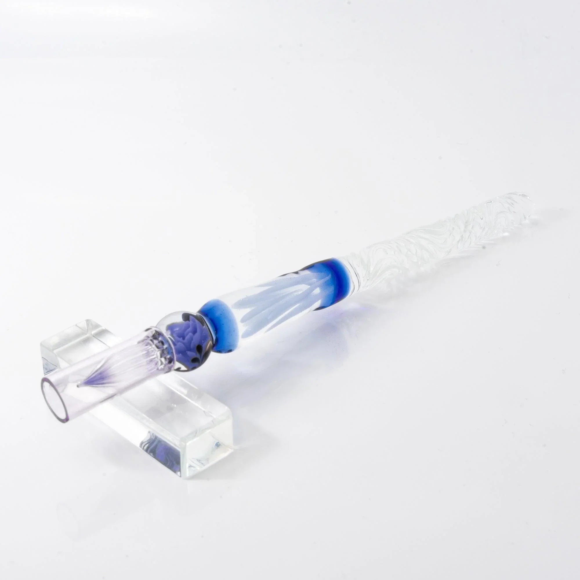 Blue Rose Glass Dip Pen detail shot emphasizing the floral design within transparent glass and blue handle shine
