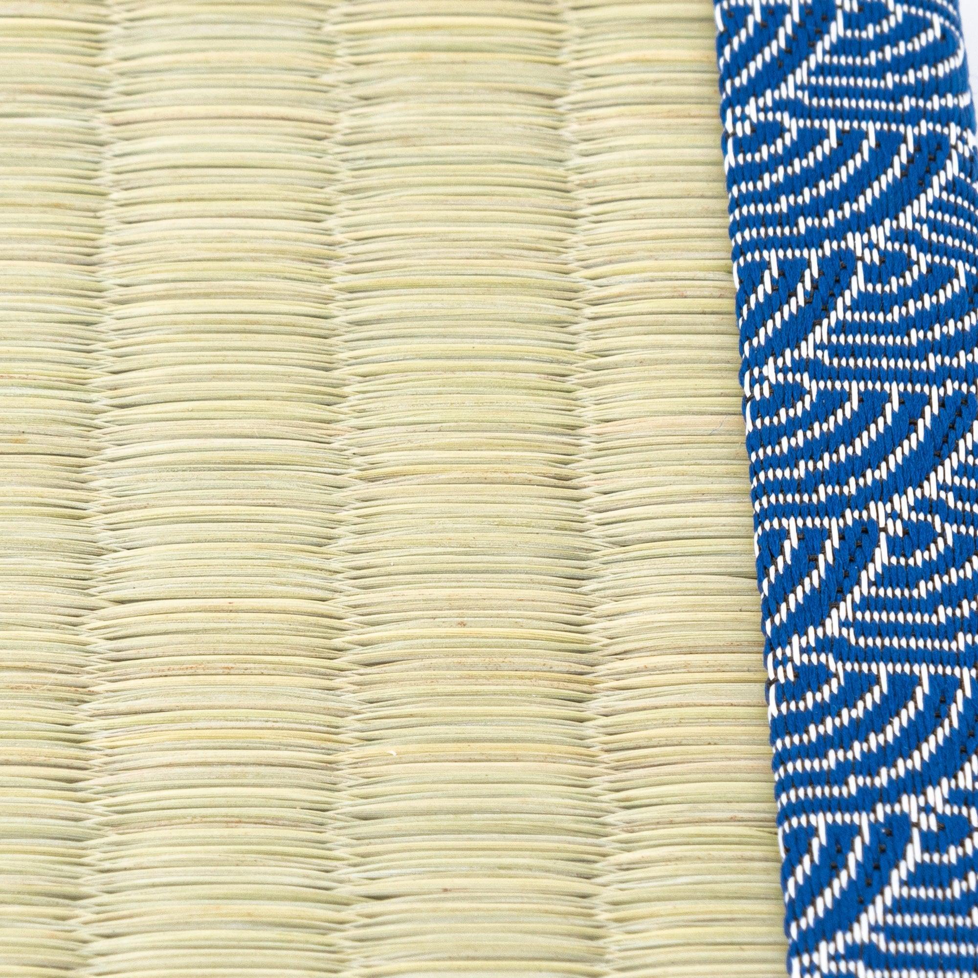 Close-up detail of Blue Yachiyo fabric borders showing crisp indigo geometric weave and craftsmanship