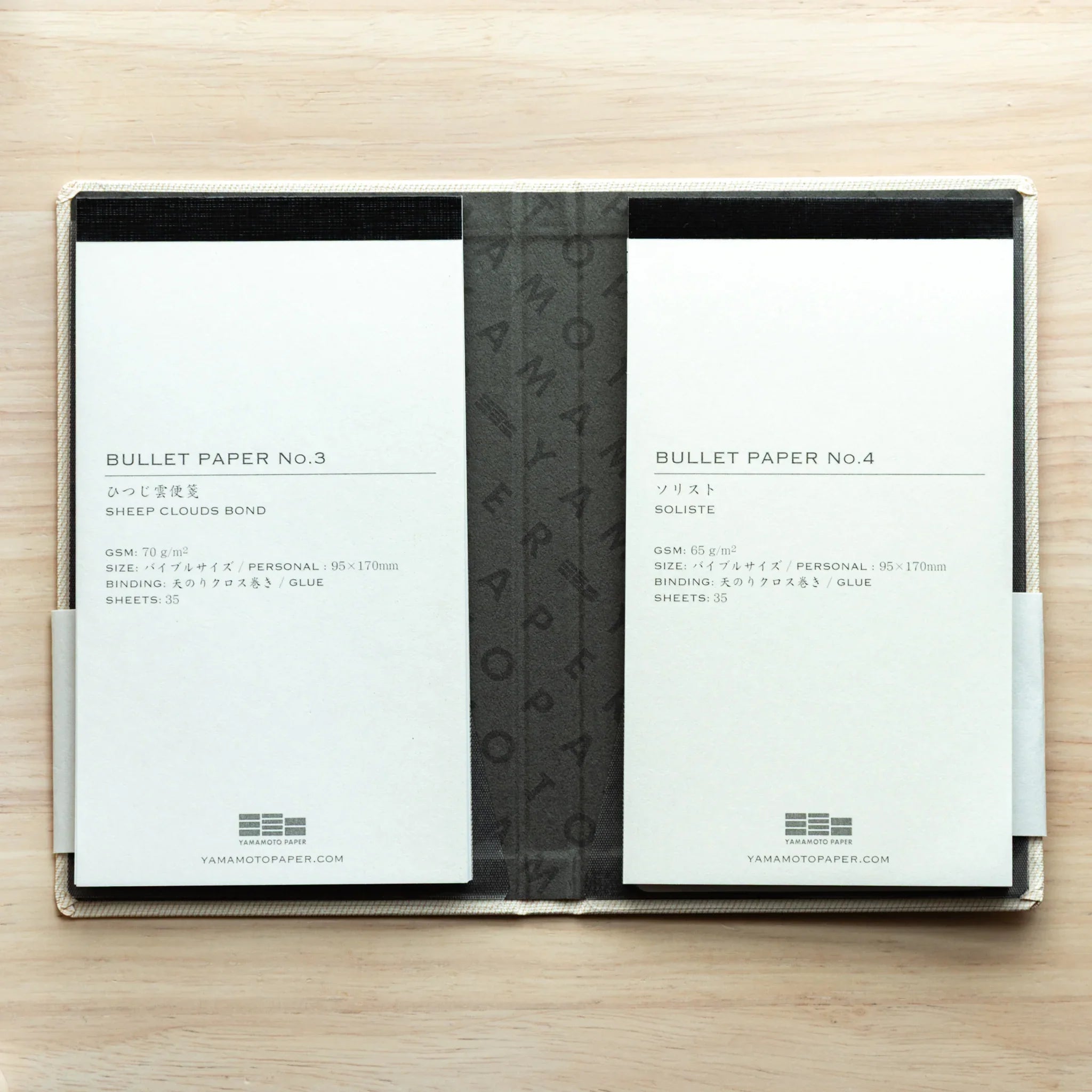 Bullet Jotter ivory white cover open flat, showing back labels of BULLET PAPER No.3 Sheep Clouds Bond and No.4 Soliste pads