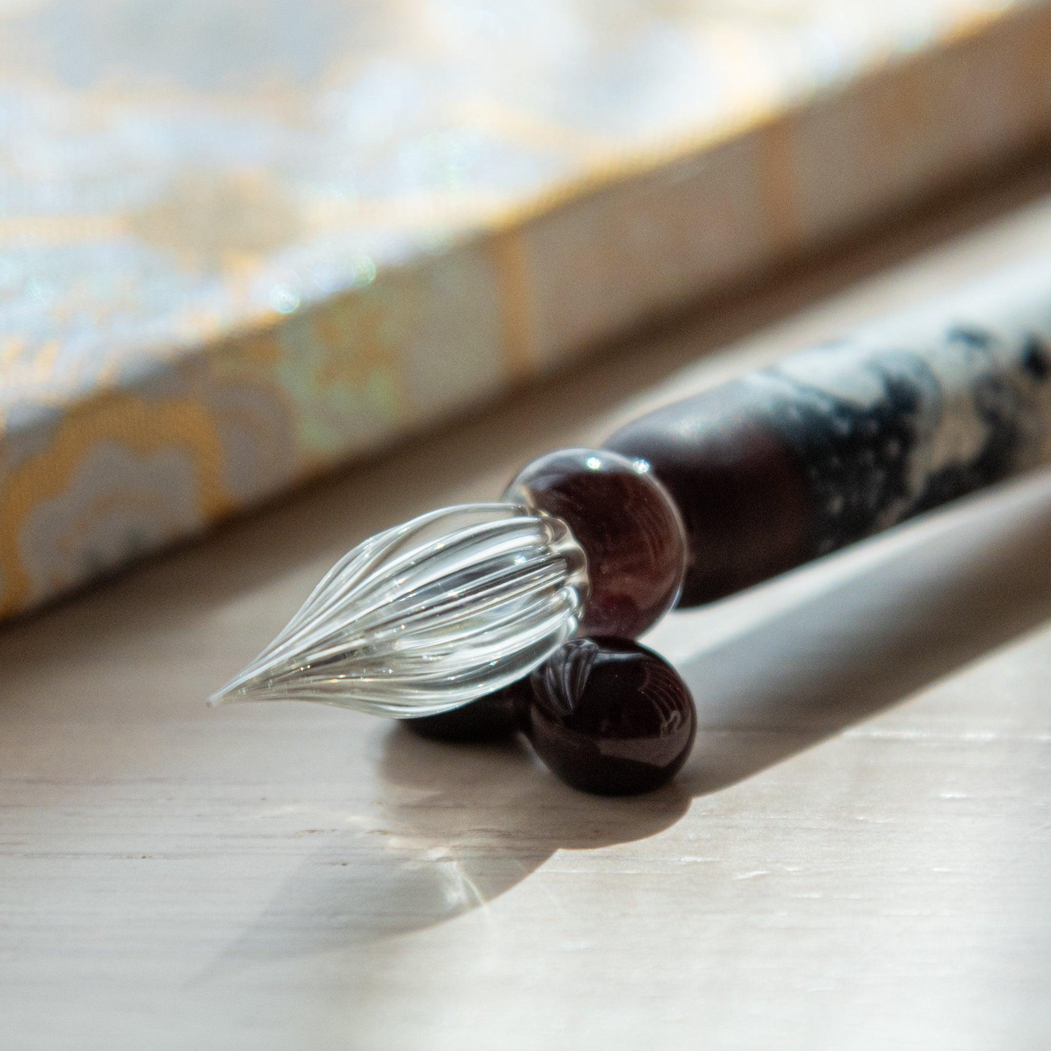 Hokusai Great Wave glass dip pen with chidori bird motif, showcasing authentic Japanese artistic heritage design