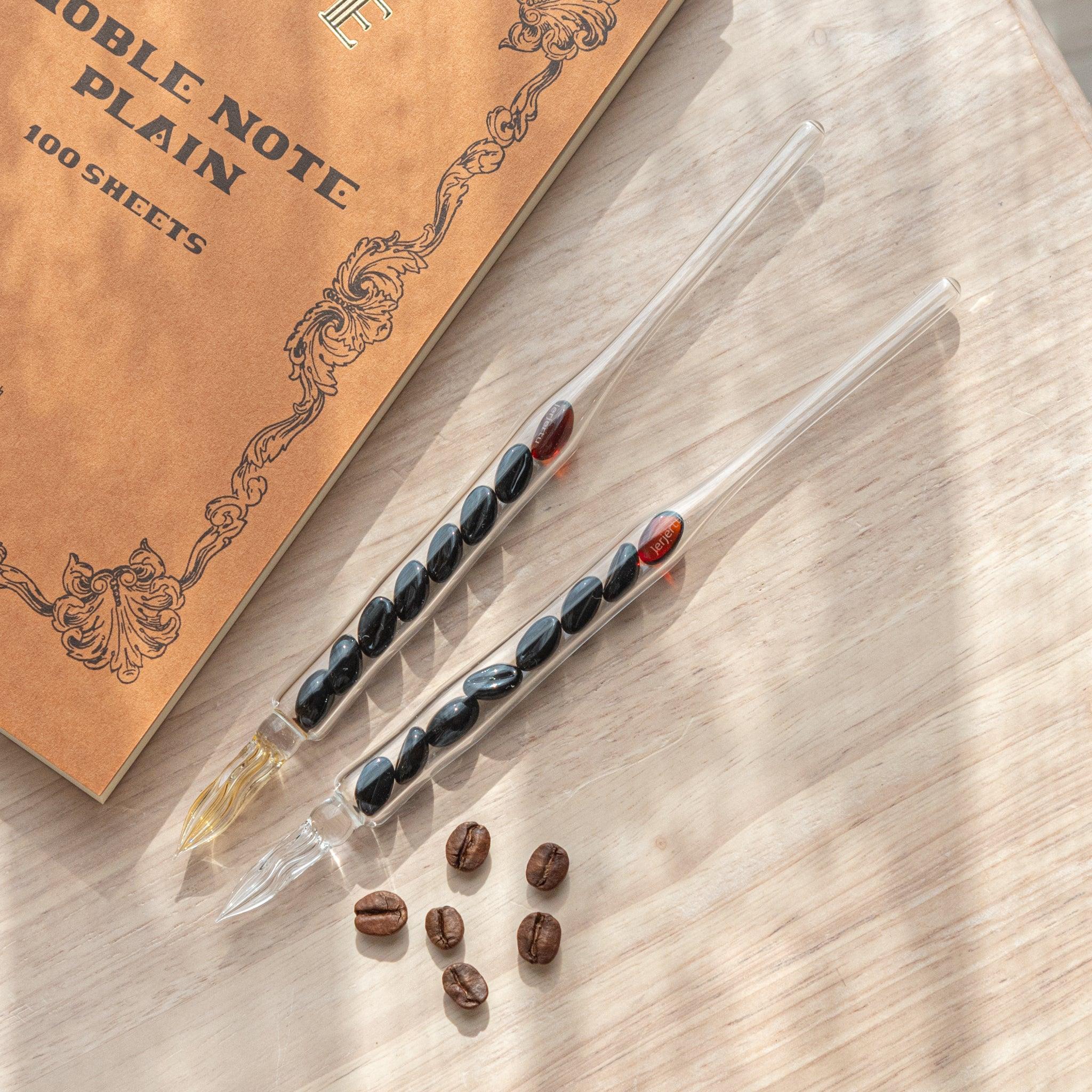 City Roast Coffee Beans Glass Dip Pen front view showing glass nib and upper barrel with coffee bean Japanese design