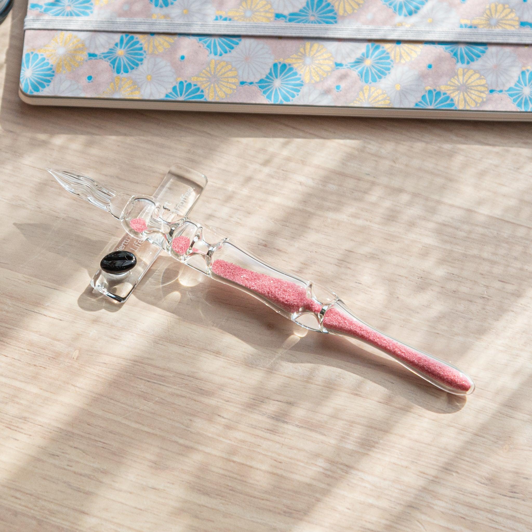 Coffee Bean Glass Pen Rest front display showing clear glass with brown coffee bean motif in traditional Japanese style