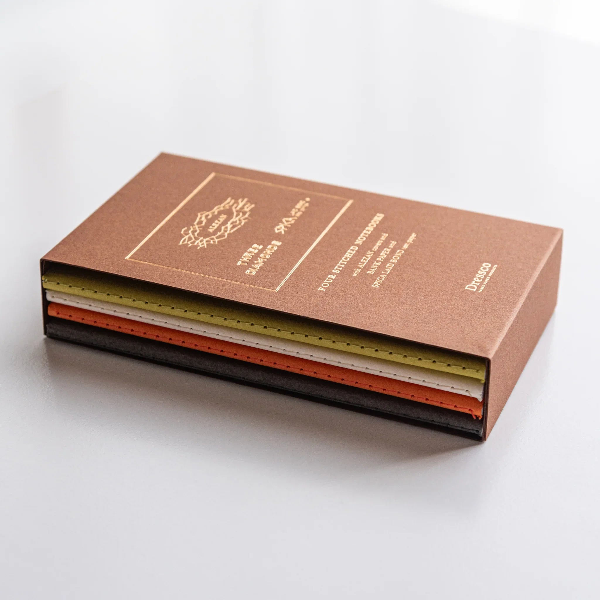 Dressco notebook collection with case, of four with flat lay showing highlighting embossed design             