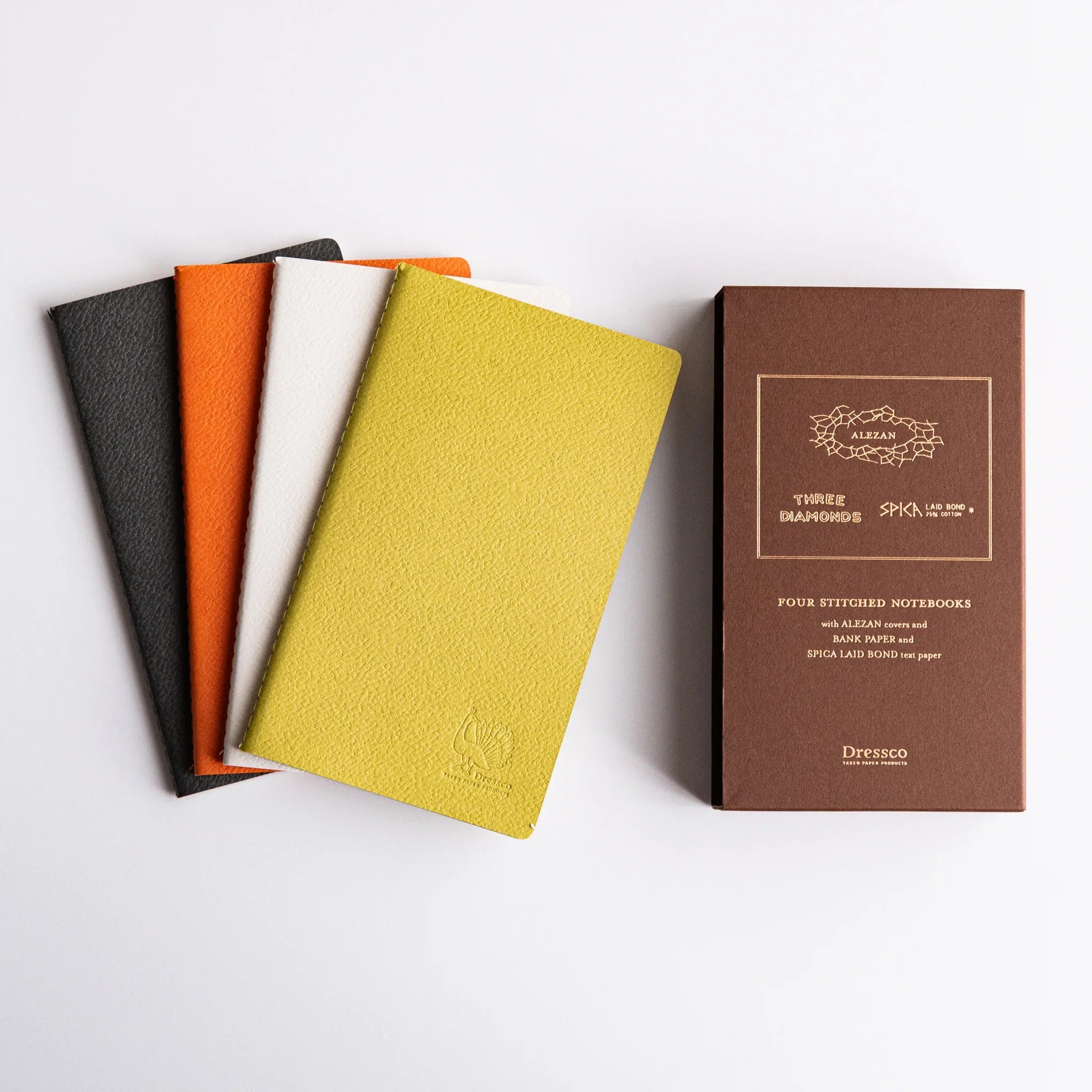 Dressco stitched notebook set four pieces, flat lay showing embossed design                                   