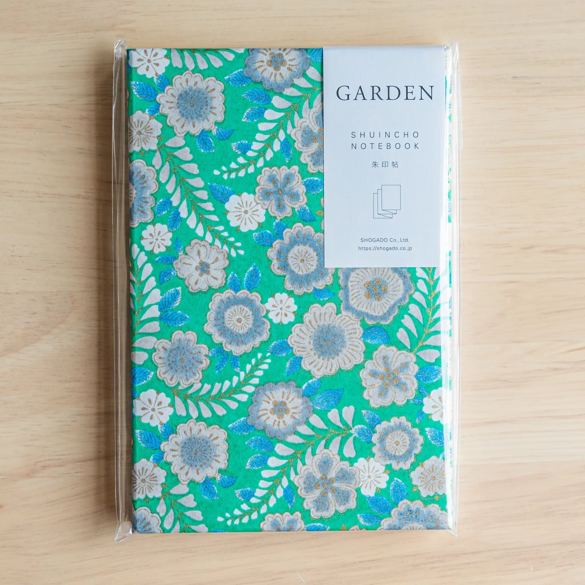 Emerald Green Washi Goshuincho Stamp Book flat lay with complete cover featuring traditional botanical